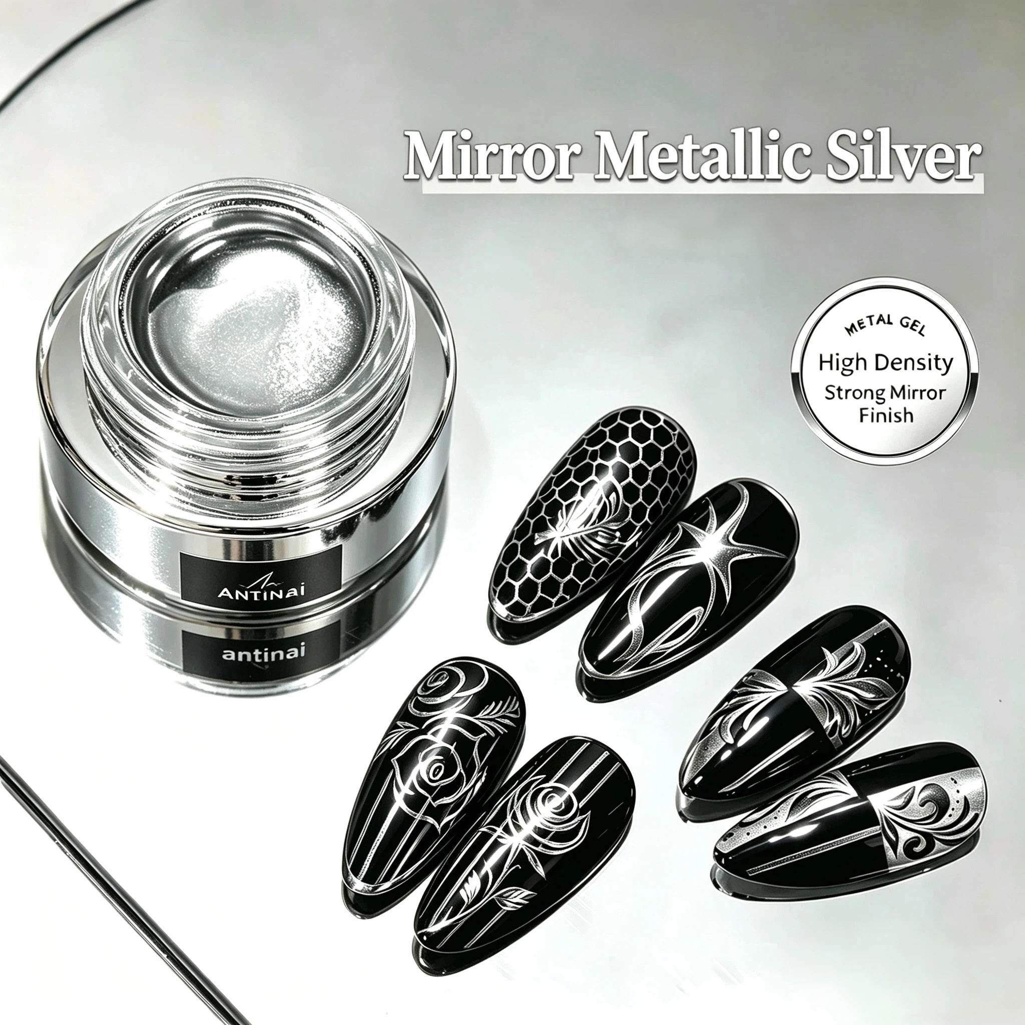 Mirror Metallic Silver Painting Gel, High‑Shine Mirror Silver Liner Gel Nail Art Drawing Gel for DIY Manicure Decor
