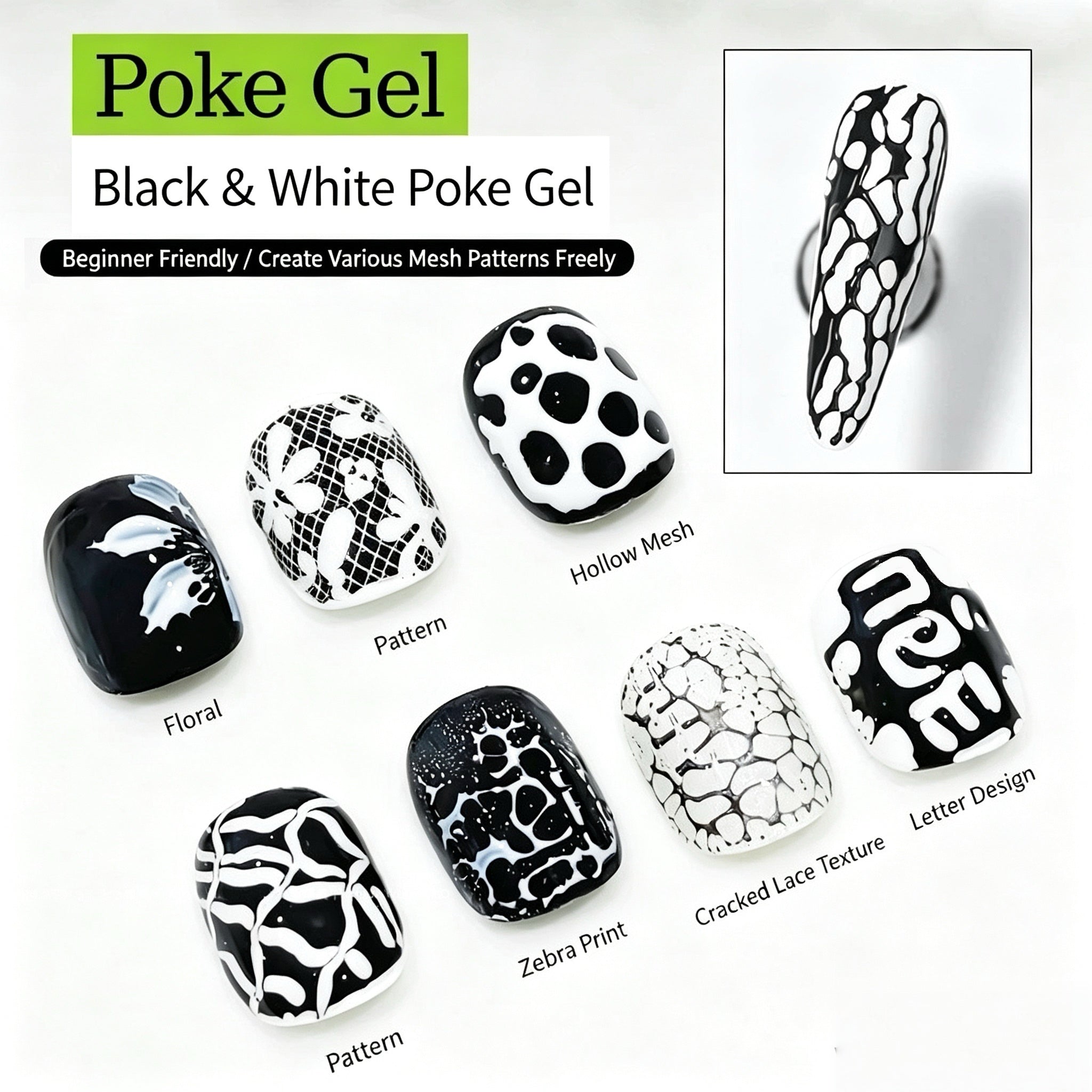 Black White Poke Nail Art Gel, Mesh Crack Lace Zebra Floral Letter Pattern Drawing Gel DIY Manicure‑Decor