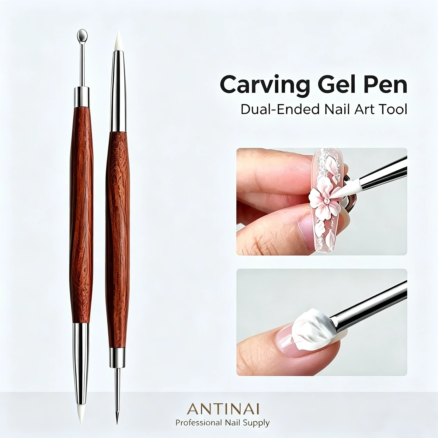 Dual-Ended Nail Carving Gel Pen, Wooden Handle 3D Sculpture Painting Dotting Tool for Nail Art Sculpting