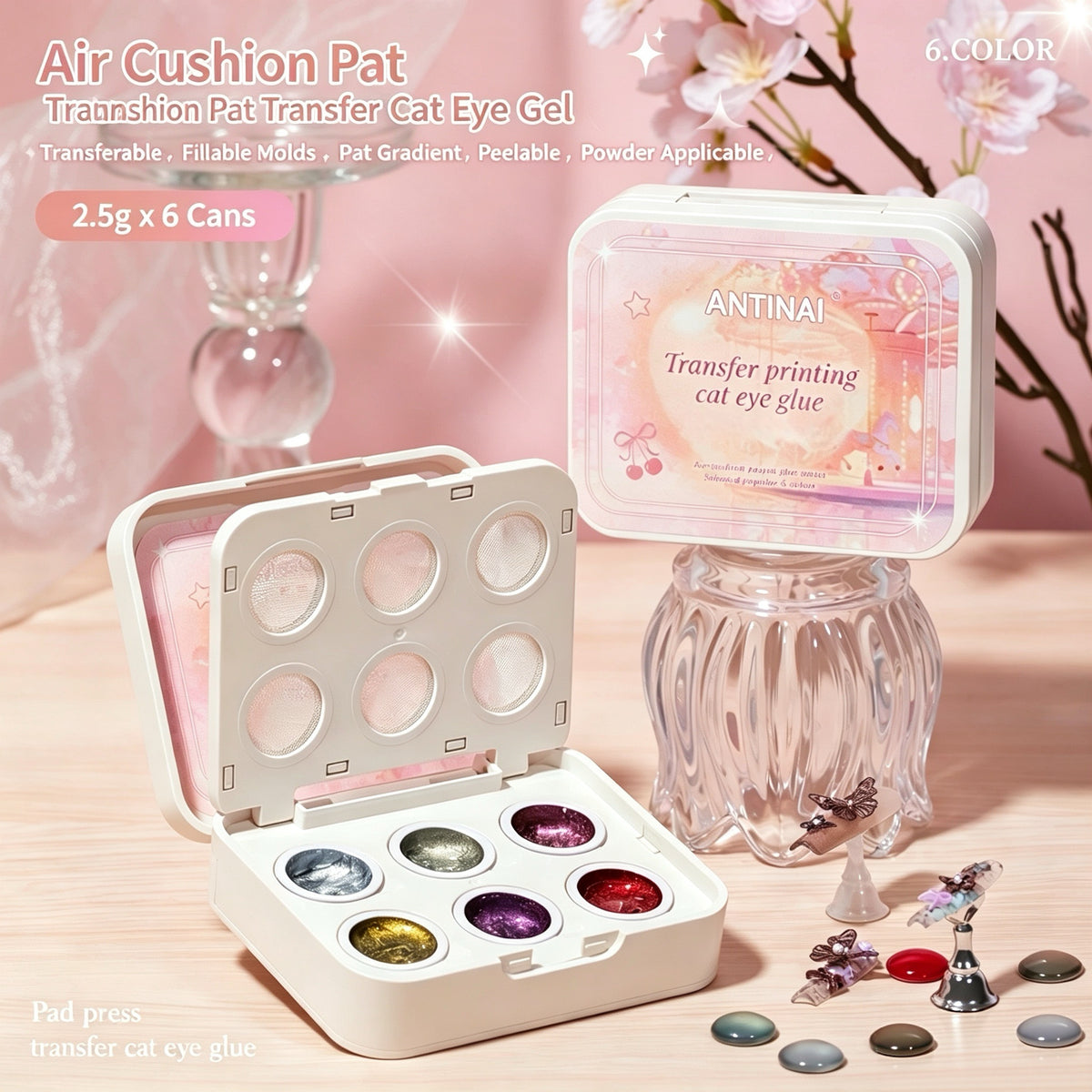 ANTINAI 6 Colors Multifunctional Transfer Cat Eye Gel, 4 in 1 Nail Gel for Patting, Transfer, Hand Painting & Mold Nail Art