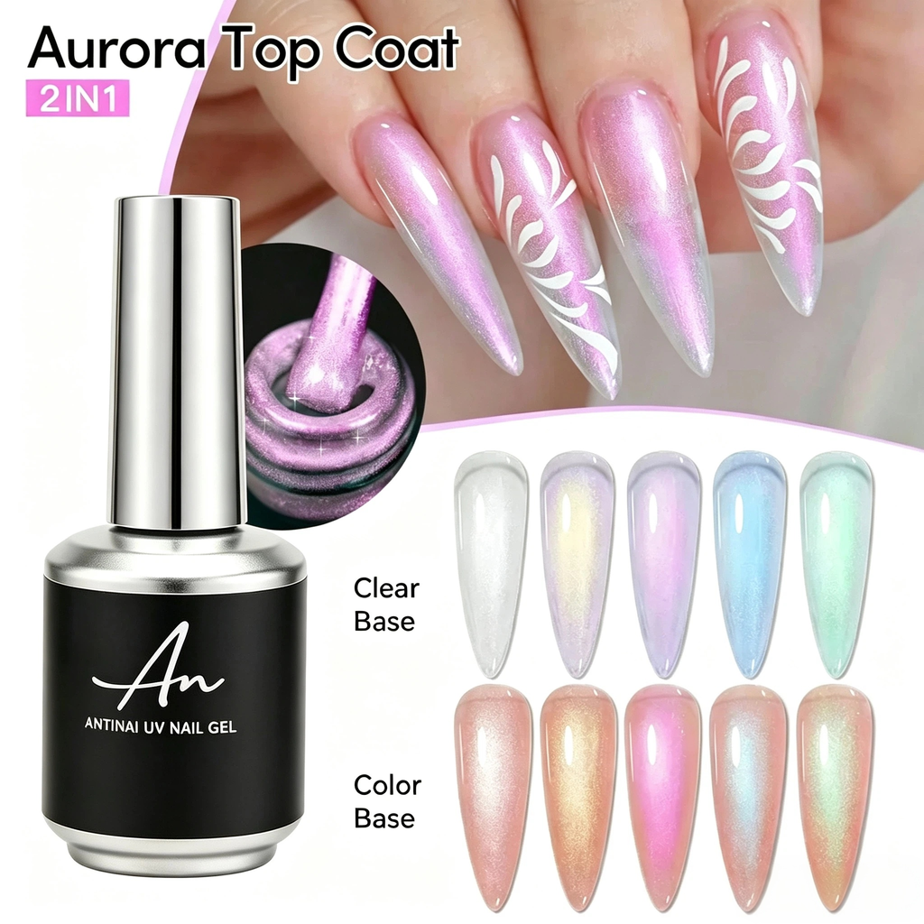 2‑in‑1 Aurora Iridescent Shimmer Top Coat Chameleon UV Nail Gel Polish