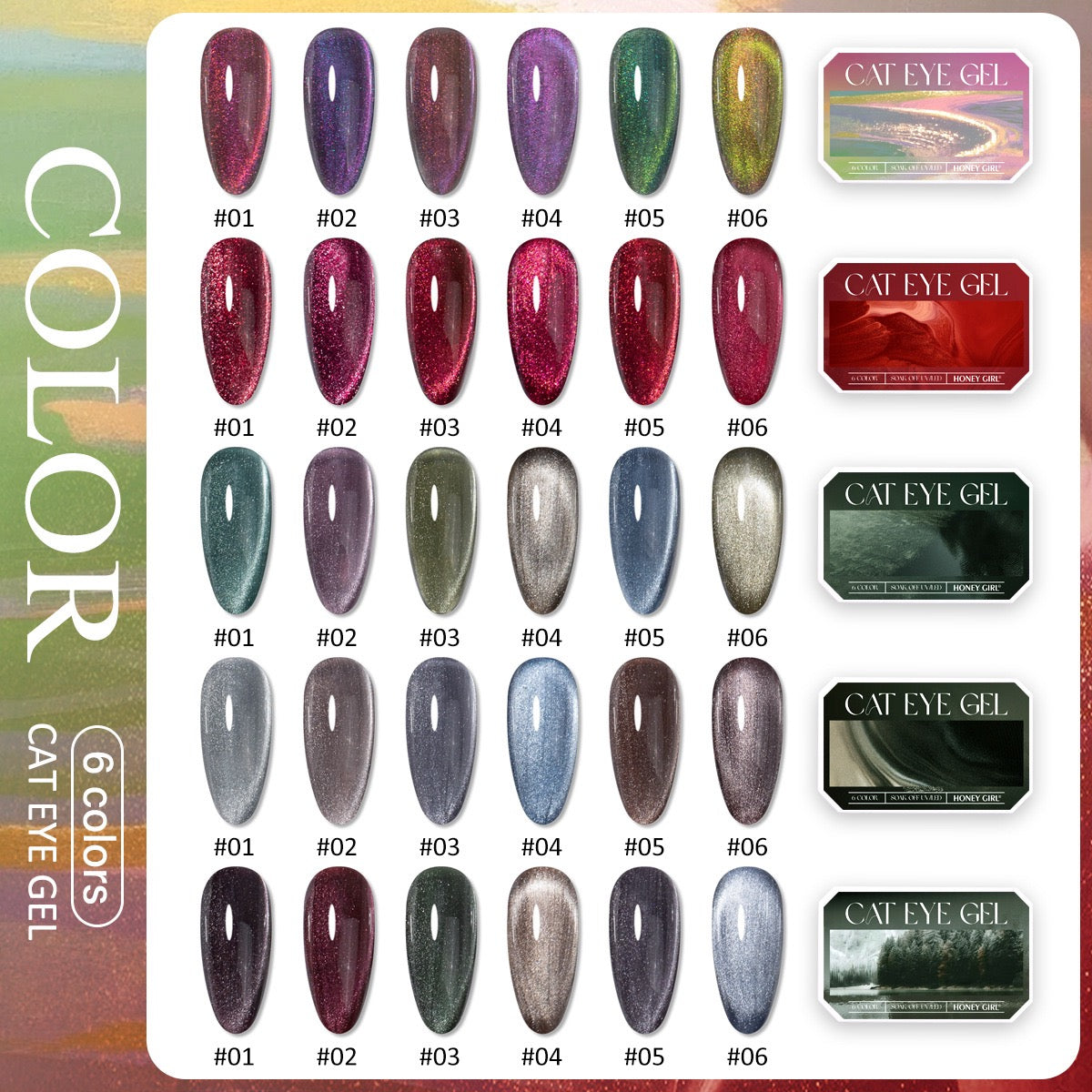 6 Colors Chameleon Cat Eye Gel Set Shiny Magnetic Nail Art UV‑LED Soak‑Off Gel Polish Kit