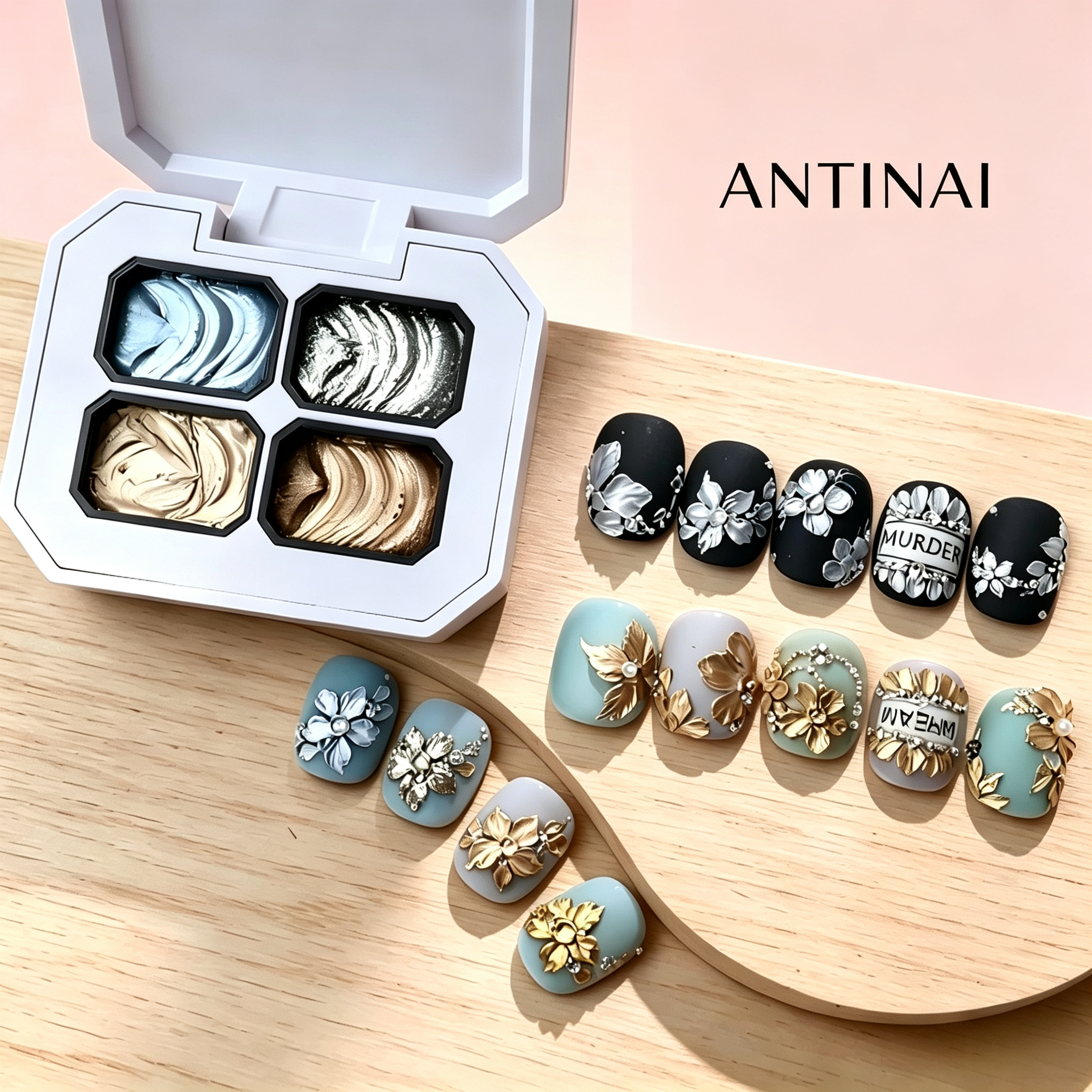 ANTINAI 3D Metallic Embossing Gel | No Wipe Nail Art Sculpture Texture Gel 4 Colors Palette