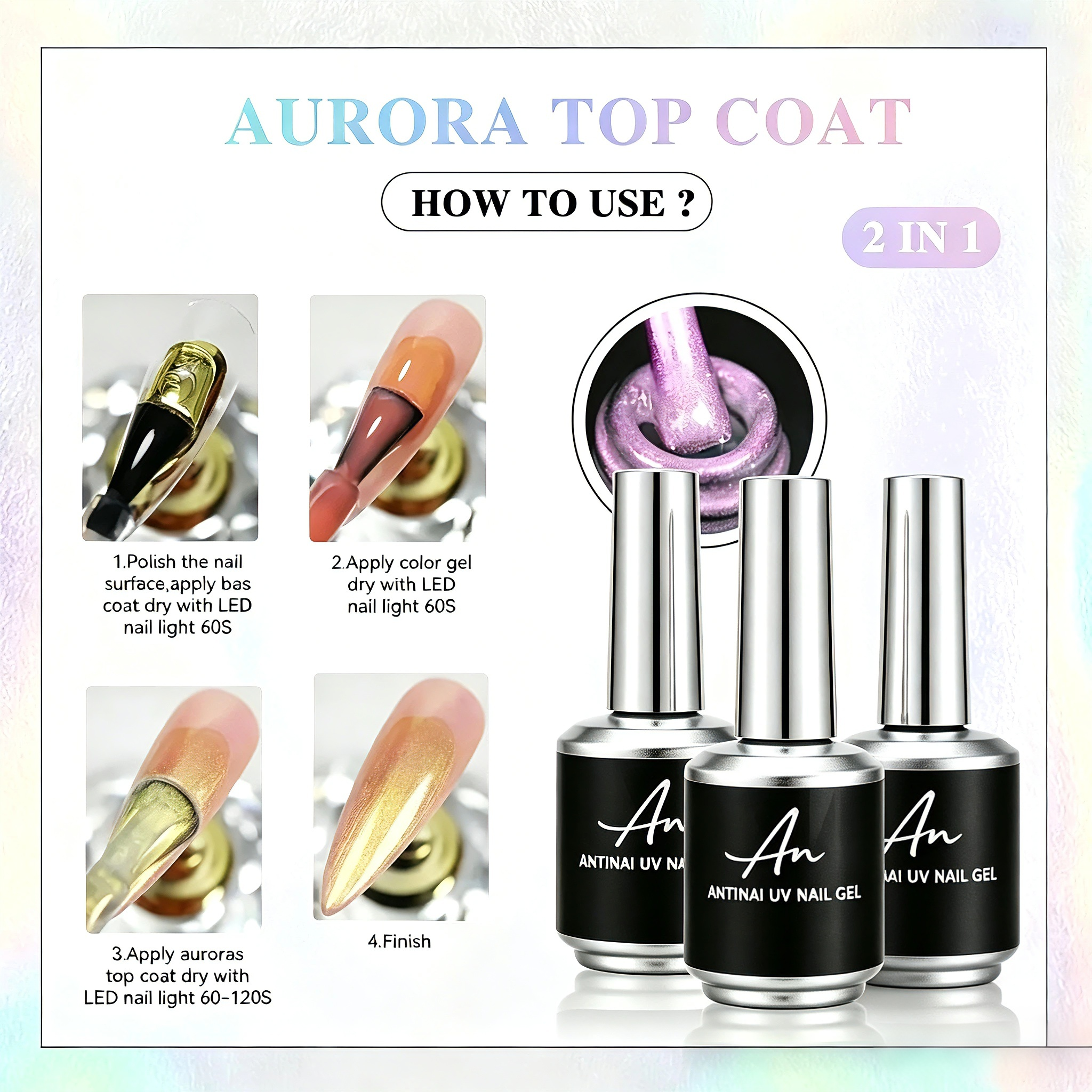 2‑in‑1 Aurora Iridescent Shimmer Top Coat Chameleon UV Nail Gel Polish