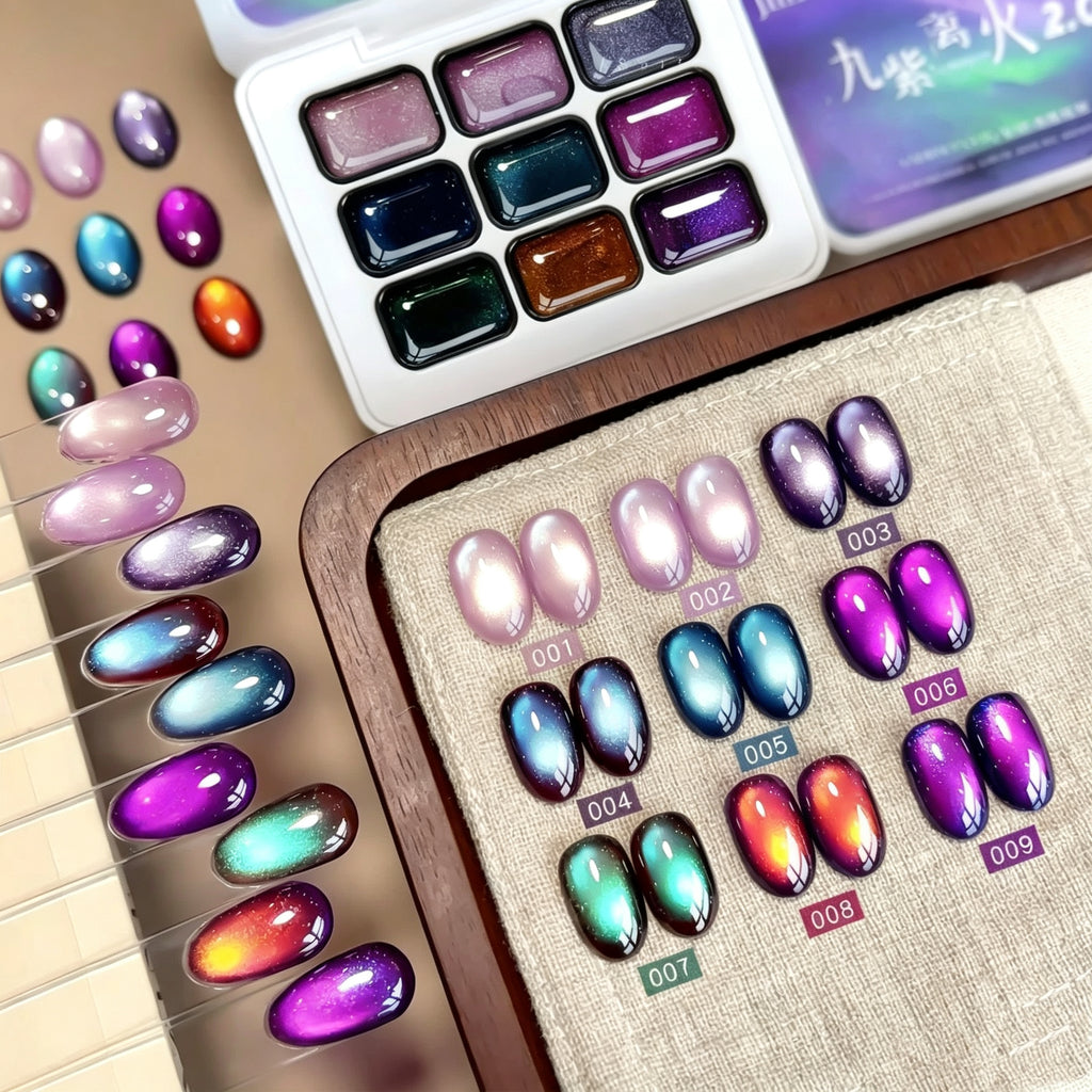 ANTINAI Nine‑Purple Fire 2.0 Solid Cat Eye Gel Palette, 9 Colors Aurora Magnetic Gel Polish