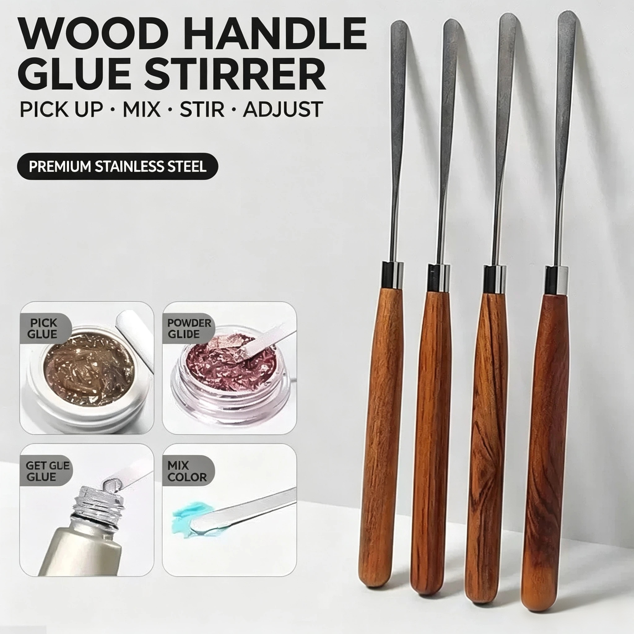 Wood Handle Glue Stirrer Stainless Steel Nail Art Mixing Spatula For Gel Polish Pigment Mixing Manicure Tool
