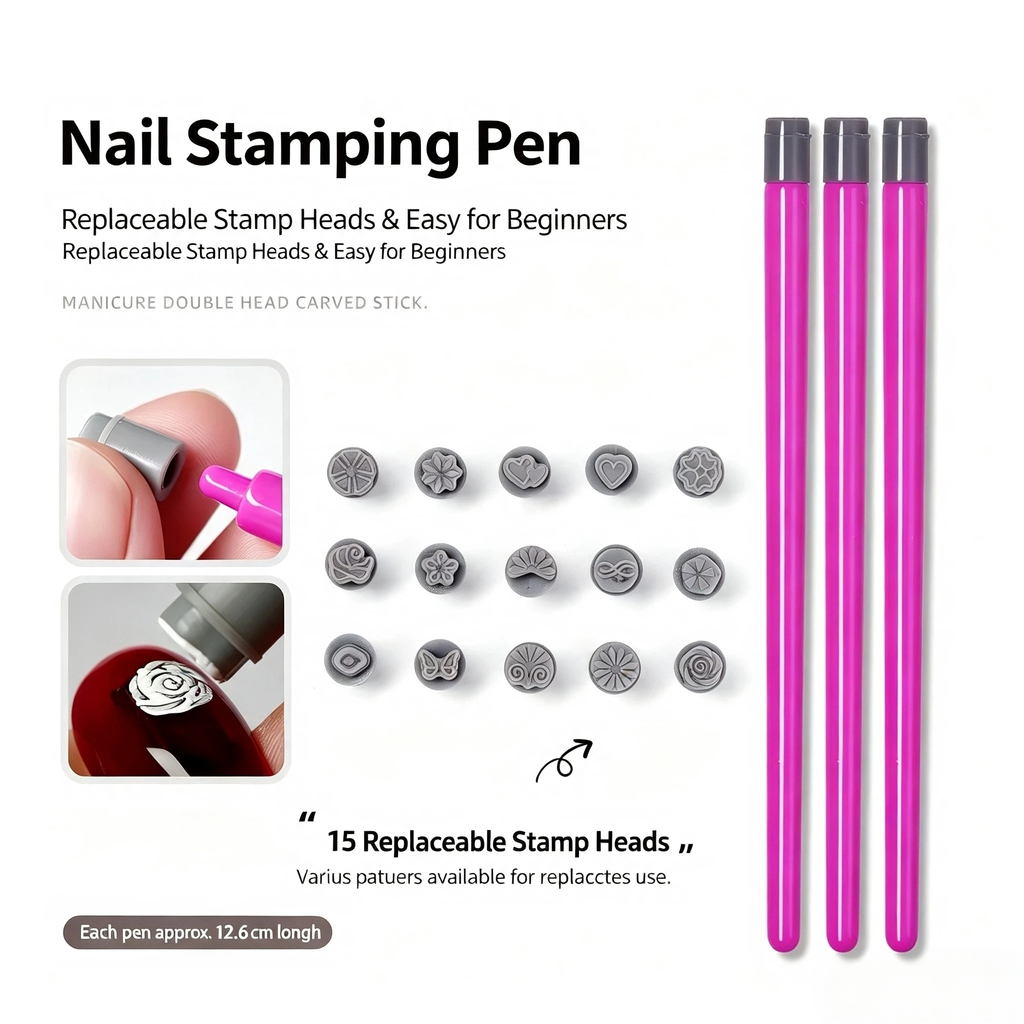 Nail Stamping Pen Set with 15 Replaceable Stamp Heads, Double Ended Nail Art Carving Stamping Tool for Beginners