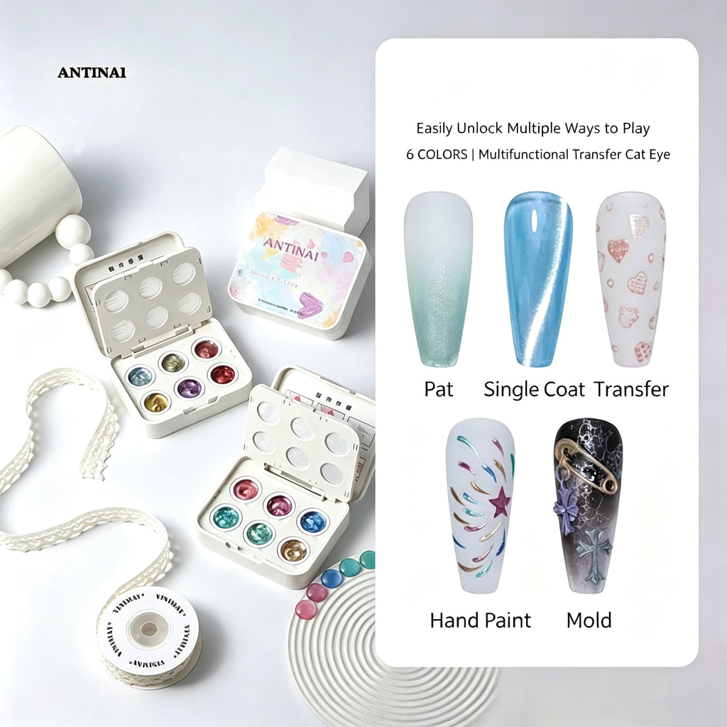 ANTINAI 6 Colors Multifunctional Transfer Cat Eye Gel, 4 in 1 Nail Gel for Patting, Transfer, Hand Painting & Mold Nail Art