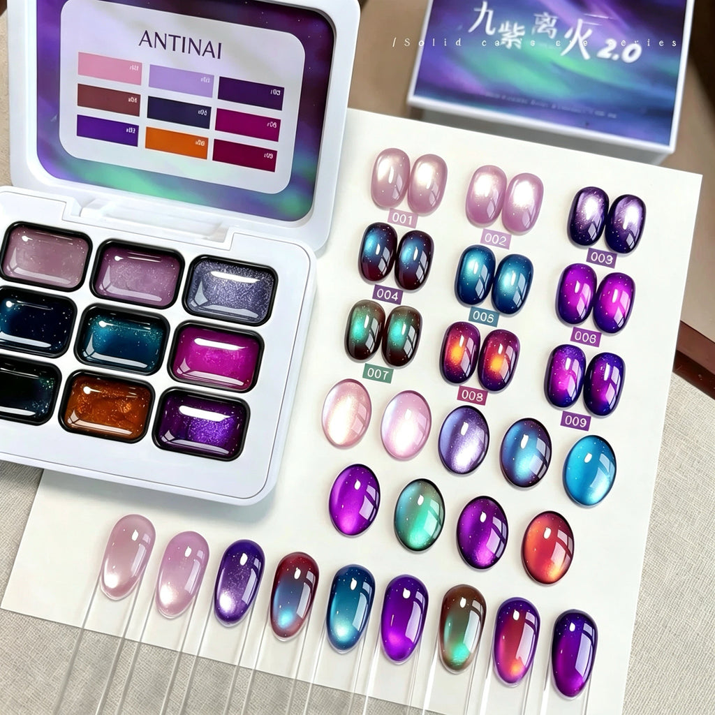 ANTINAI Nine‑Purple Fire 2.0 Solid Cat Eye Gel Palette, 9 Colors Aurora Magnetic Gel Polish