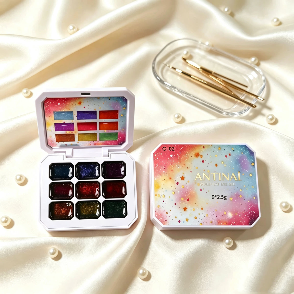 ANTINAI C‑02 Solid Crushed Diamond Gel Palette, 9 Colors Vintage Gem Soak‑off UV LED Nail Gel