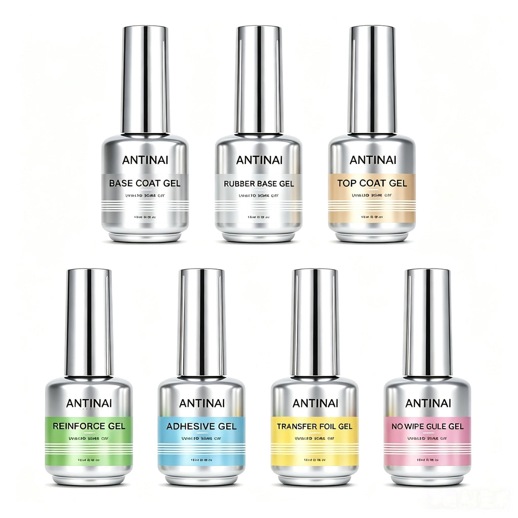 15ml ANTINAI 7‑Pcs Functional Nail Gel Kit, Rubber Base Coat, Reinforce Gel, Foil Glue Gel UV LED Soak‑Off Gel for Professional Nail Art
