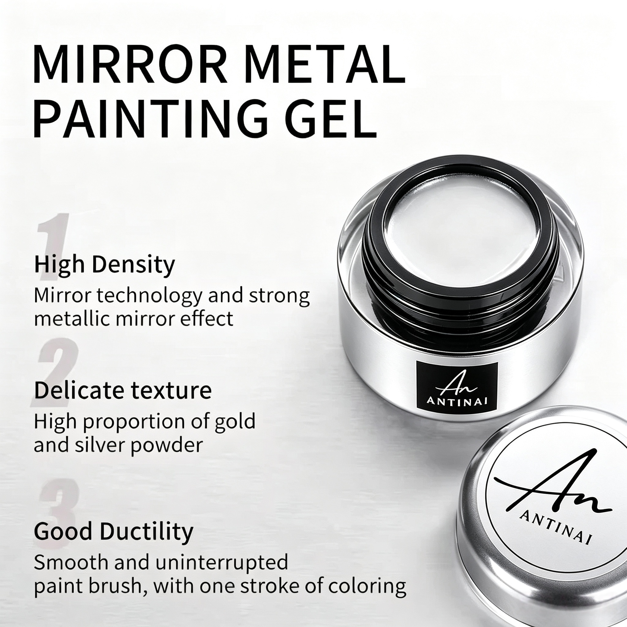 ANTINAI Mirror Metal Painting Gel, Mirror Gold & Silver Metallic Liner Gel for Nail Salon Art