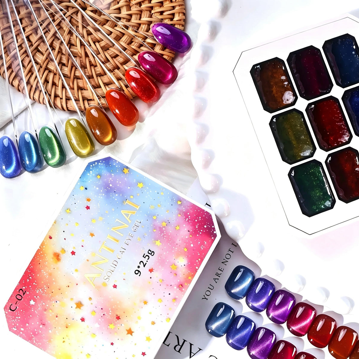 ANTINAI C‑02 Solid Crushed Diamond Gel Palette, 9 Colors Vintage Gem Soak‑off UV LED Nail Gel