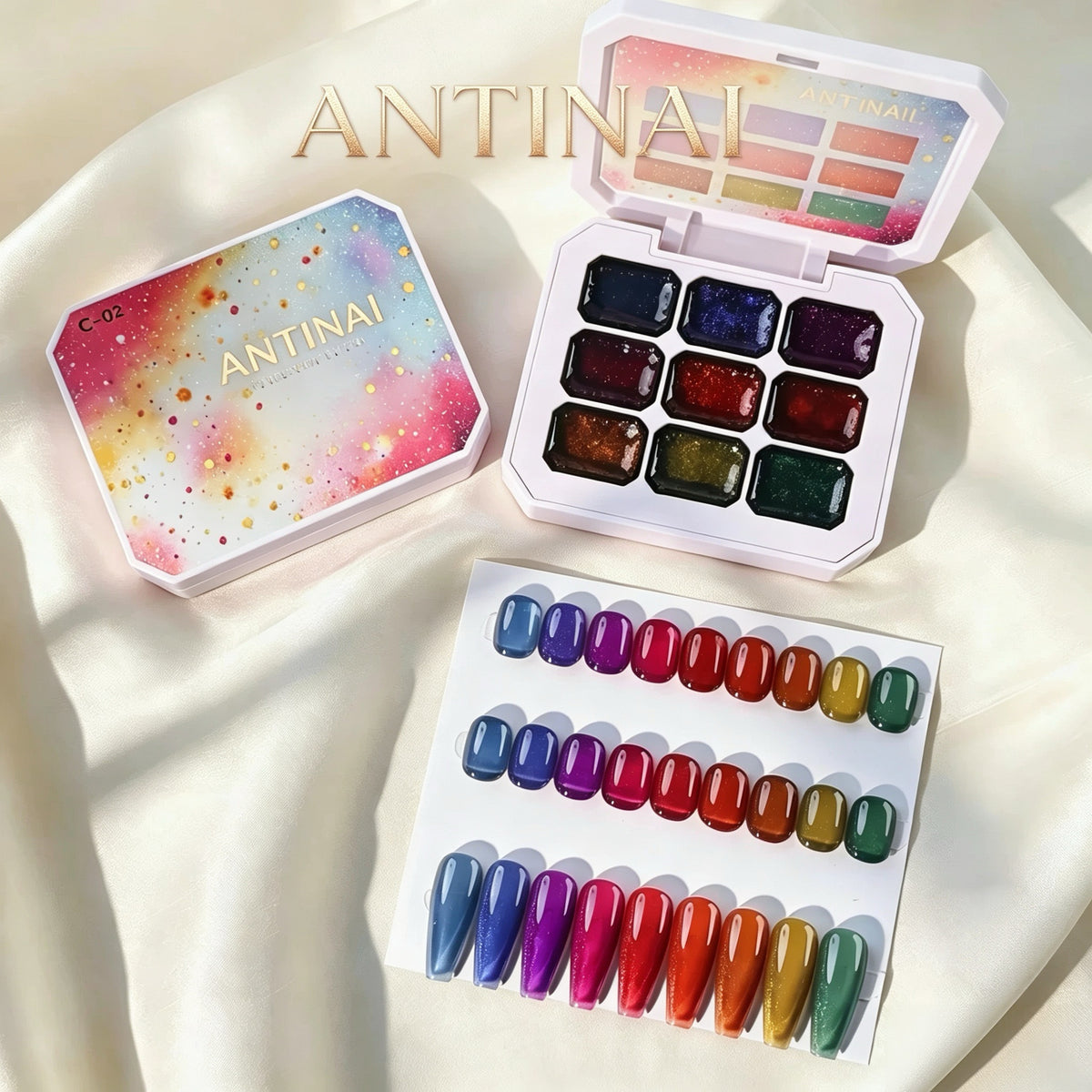ANTINAI C‑02 Solid Crushed Diamond Gel Palette, 9 Colors Vintage Gem Soak‑off UV LED Nail Gel