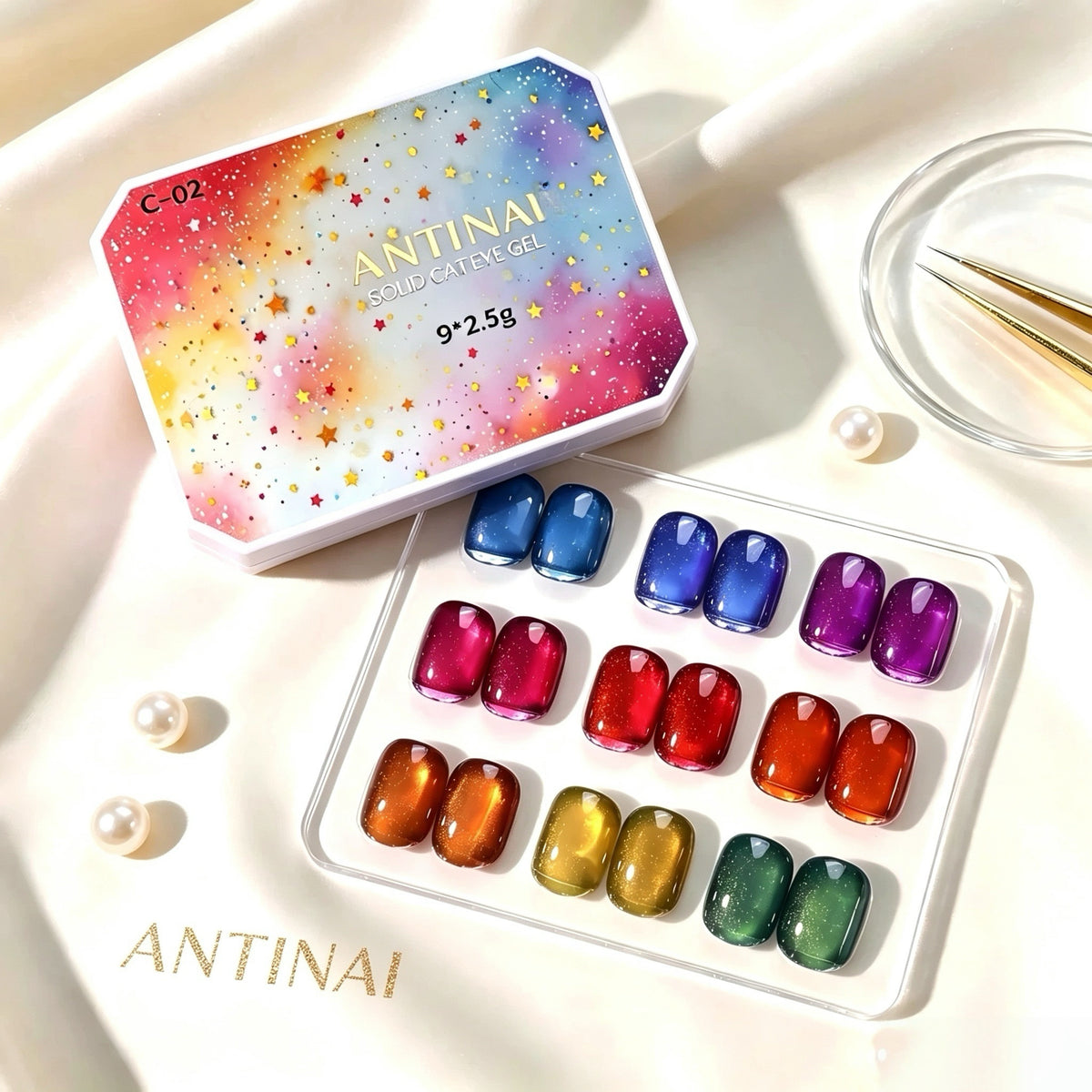 ANTINAI C‑02 Solid Crushed Diamond Gel Palette, 9 Colors Vintage Gem Soak‑off UV LED Nail Gel