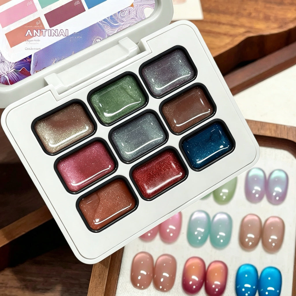 ANTINAI Enamel Cat Eye Gel 9 Colors Set, Dopamine Glass Bead Magnetic Nail Gel Polish