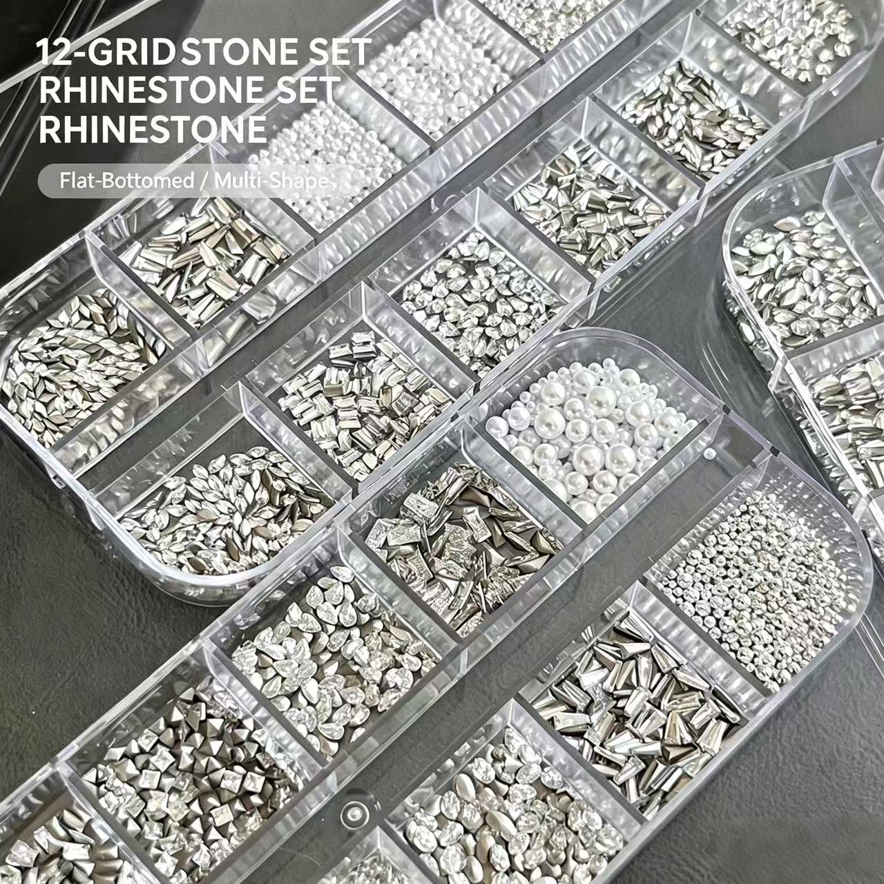 12‑Grid Nail Rhinestone Set Multi‑Shape Flat‑Bottom Silver Crystal Nail Art Charms DIY Manicure Decor