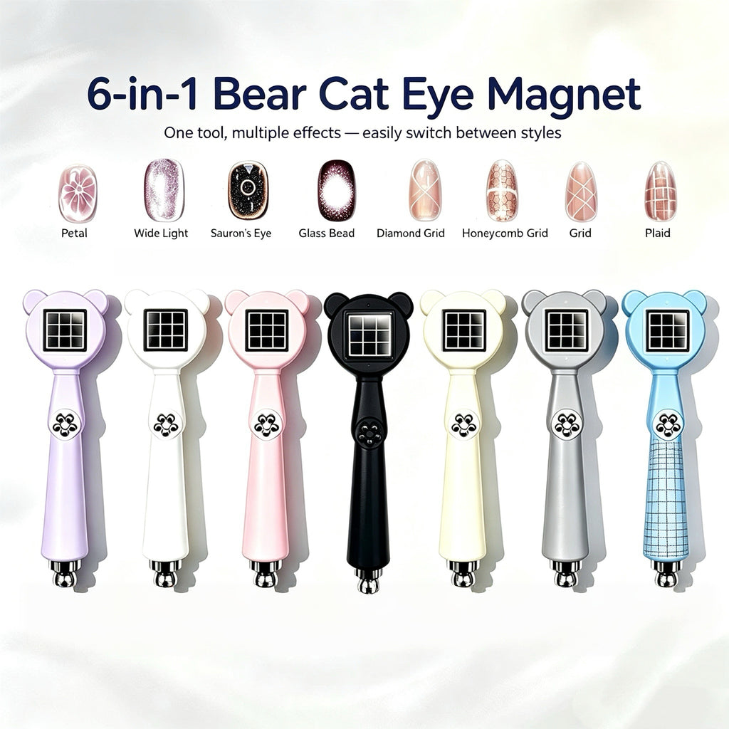 6-in-1 Bear Cat Eye Nail Magnet, Multi Pattern Magnetic Wand for Cat Eye Gel Polish, Petal Grid Plaid Honeycomb Nail Art Tool for Salon & DIY Manicure