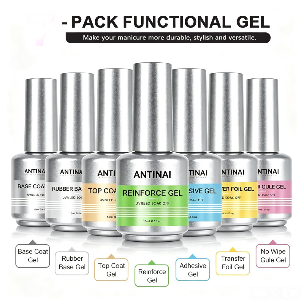 15ml ANTINAI 7‑Pcs Functional Nail Gel Kit, Rubber Base Coat, Reinforce Gel, Foil Glue Gel UV LED Soak‑Off Gel for Professional Nail Art