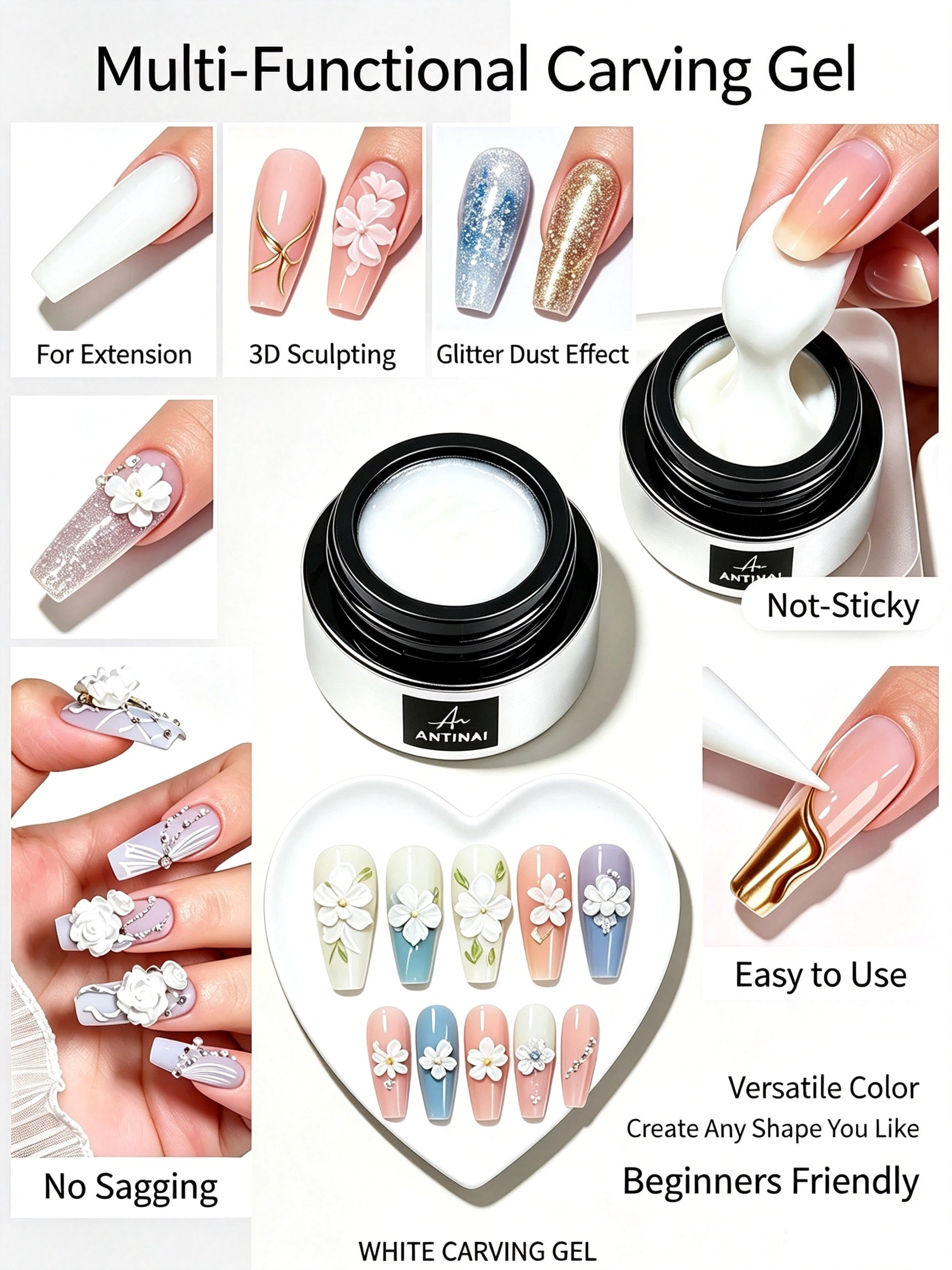 ANTINAI 12‑Colors 4D Nail Carving Gel Non‑Wipe Sculpture Gel for 3D Nail Art Modeling DIY Manicure