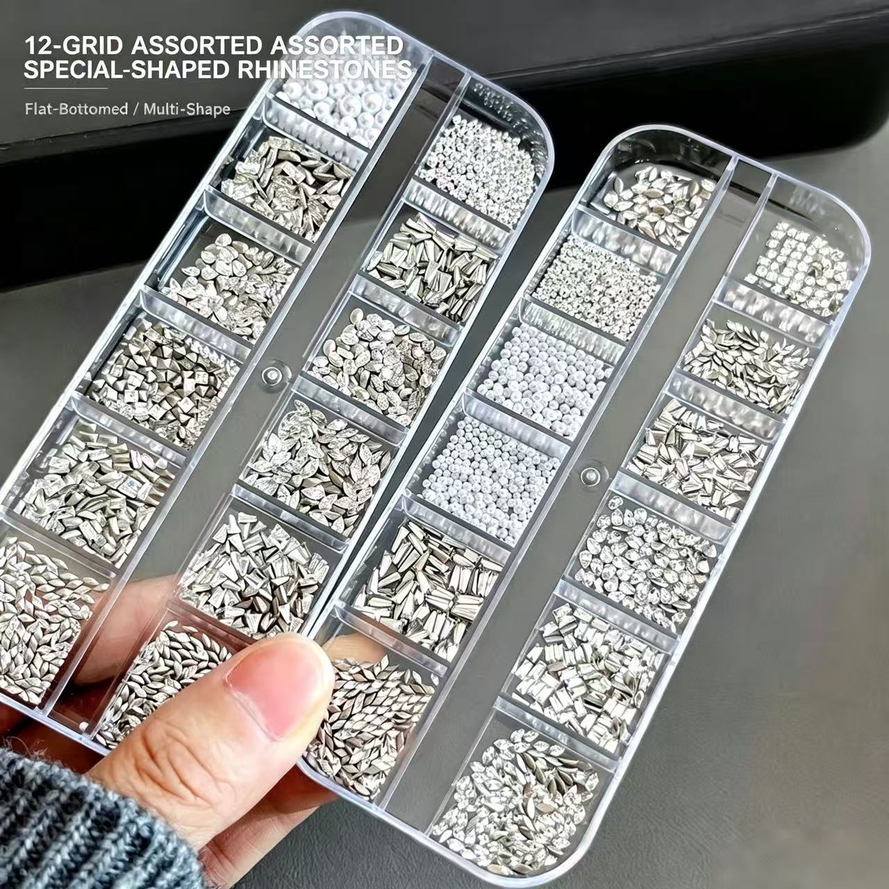 12‑Grid Nail Rhinestone Set Multi‑Shape Flat‑Bottom Silver Crystal Nail Art Charms DIY Manicure Decor