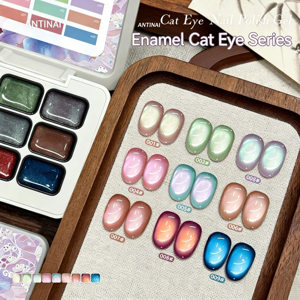 ANTINAI Enamel Cat Eye Gel 9 Colors Set, Dopamine Glass Bead Magnetic Nail Gel Polish