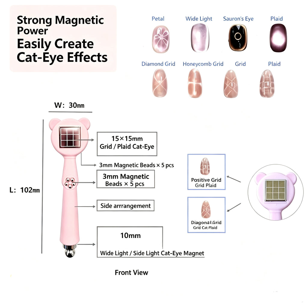 6-in-1 Bear Cat Eye Nail Magnet, Multi Pattern Magnetic Wand for Cat Eye Gel Polish, Petal Grid Plaid Honeycomb Nail Art Tool for Salon & DIY Manicure