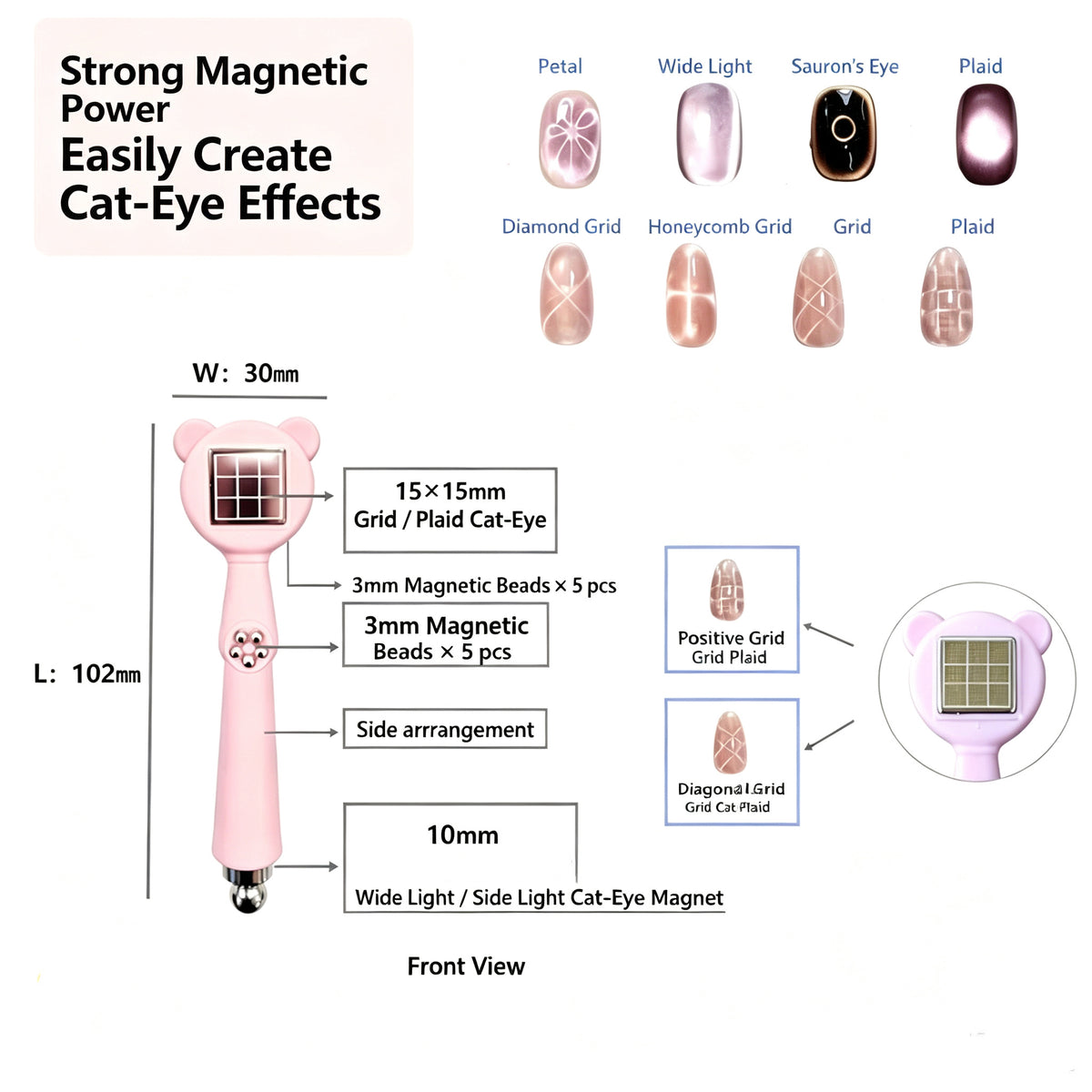 6-in-1 Bear Cat Eye Nail Magnet, Multi Pattern Magnetic Wand for Cat Eye Gel Polish, Petal Grid Plaid Honeycomb Nail Art Tool for Salon & DIY Manicure