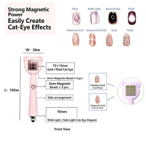 6-in-1 Bear Cat Eye Nail Magnet, Multi Pattern Magnetic Wand for Cat Eye Gel Polish, Petal Grid Plaid Honeycomb Nail Art Tool for Salon & DIY Manicure