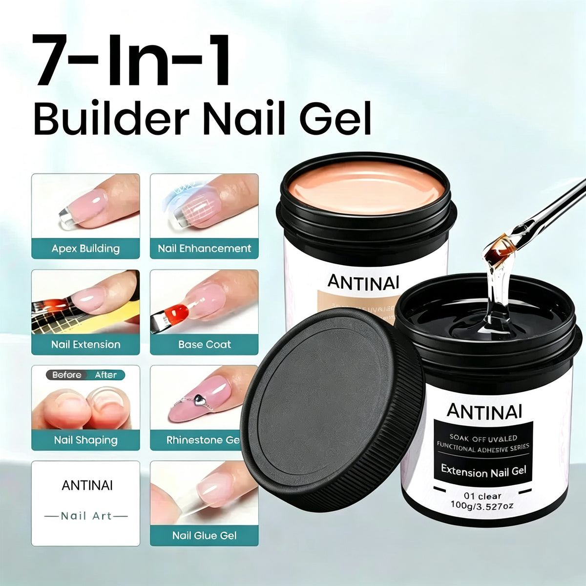 7 in 1 Builder Nail Gel, ANTINAI Multi-Functional Extension Gel for Apex Building, Nail Enhancement, Rhinestone Glue, Nail Shaping