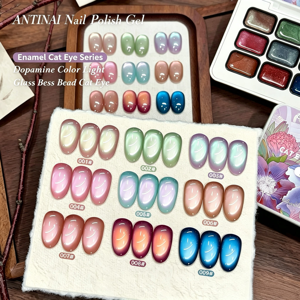 ANTINAI Enamel Cat Eye Gel 9 Colors Set, Dopamine Glass Bead Magnetic Nail Gel Polish