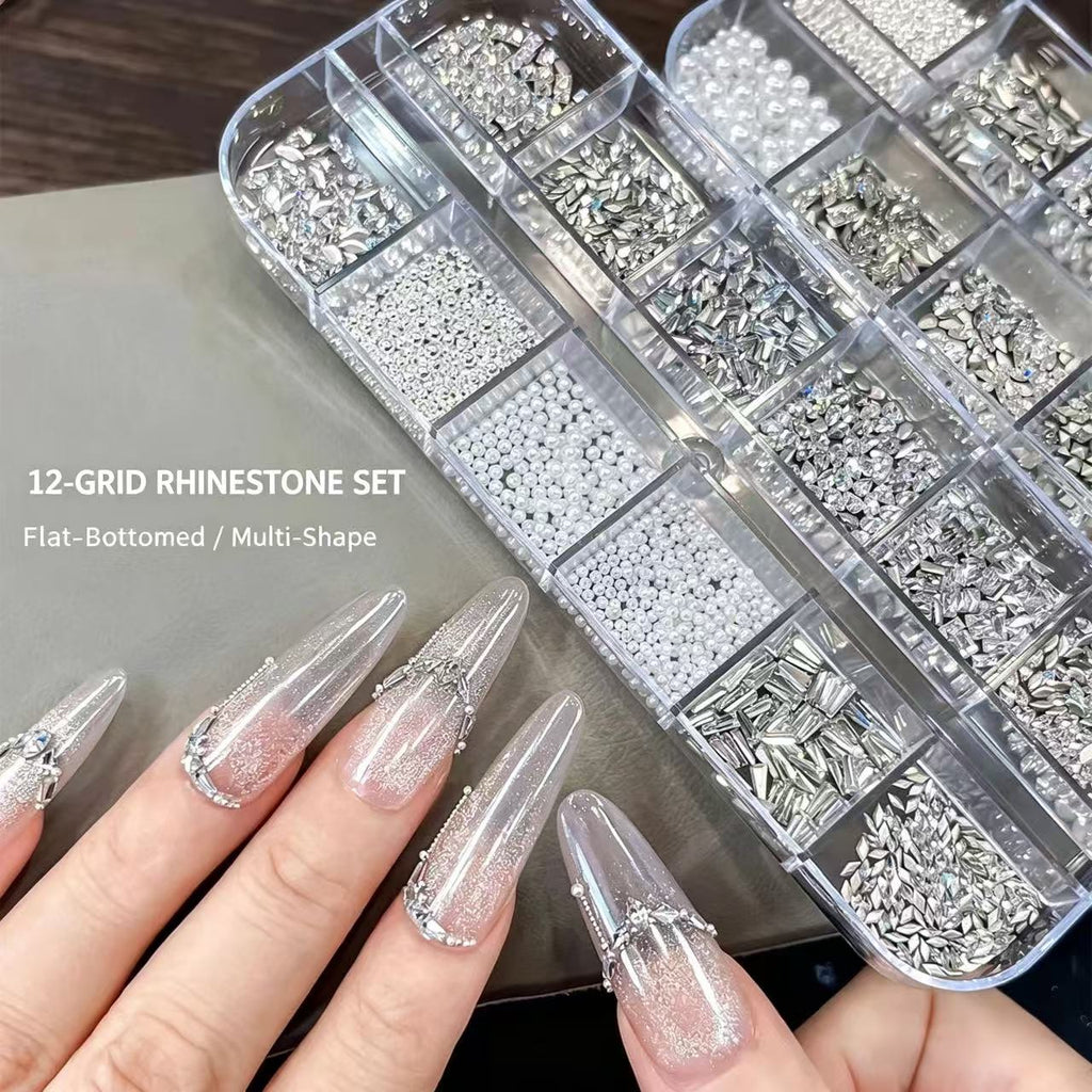 12‑Grid Nail Rhinestone Set Multi‑Shape Flat‑Bottom Silver Crystal Nail Art Charms DIY Manicure Decor