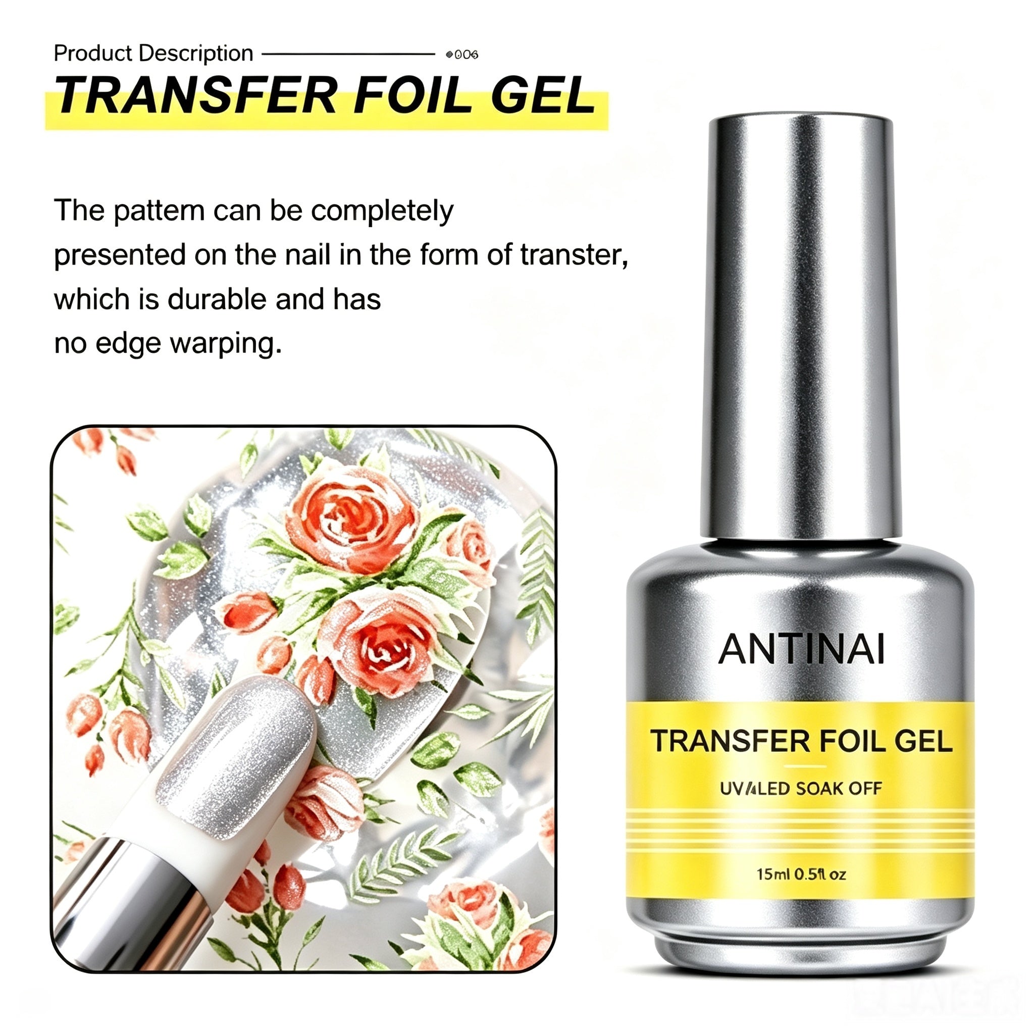 15ml ANTINAI 7‑Pcs Functional Nail Gel Kit, Rubber Base Coat, Reinforce Gel, Foil Glue Gel UV LED Soak‑Off Gel for Professional Nail Art