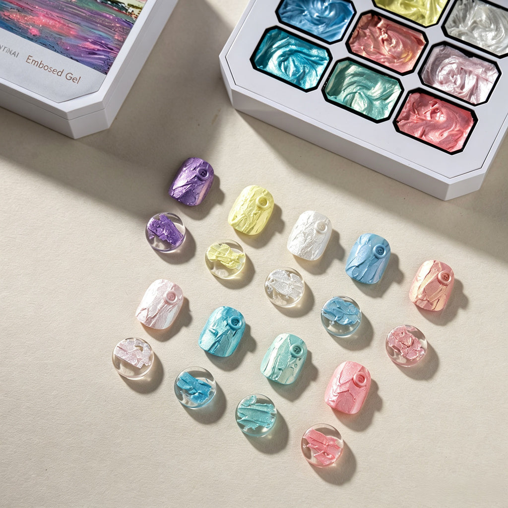 ANTINAI Non Wipe Embossed Nail Gel 9 Colors | Iridescent Textured Sculpting Gel, Compatible with Chrome Aurora Powder, HEMA TPO TMPTA Free
