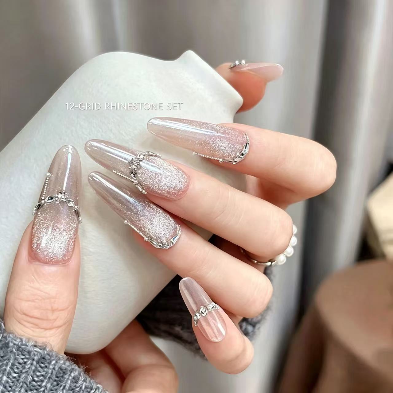 12‑Grid Nail Rhinestone Set Multi‑Shape Flat‑Bottom Silver Crystal Nail Art Charms DIY Manicure Decor