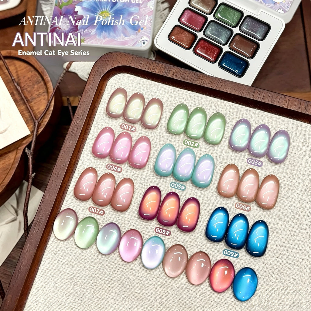ANTINAI Enamel Cat Eye Gel 9 Colors Set, Dopamine Glass Bead Magnetic Nail Gel Polish