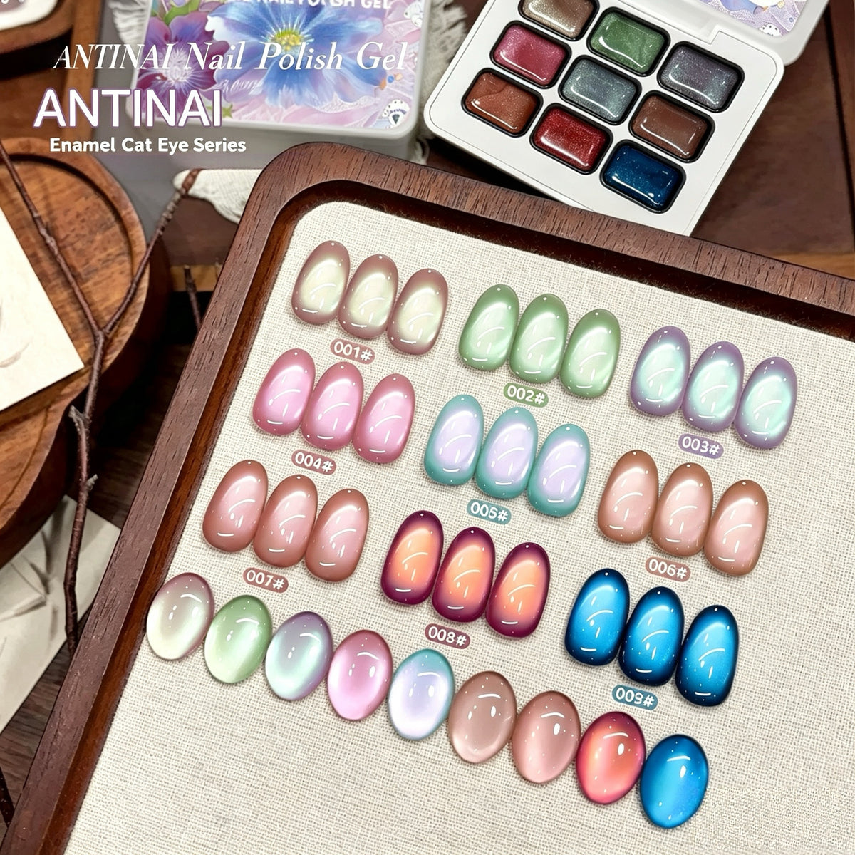 ANTINAI Enamel Cat Eye Gel 9 Colors Set, Dopamine Glass Bead Magnetic Nail Gel Polish