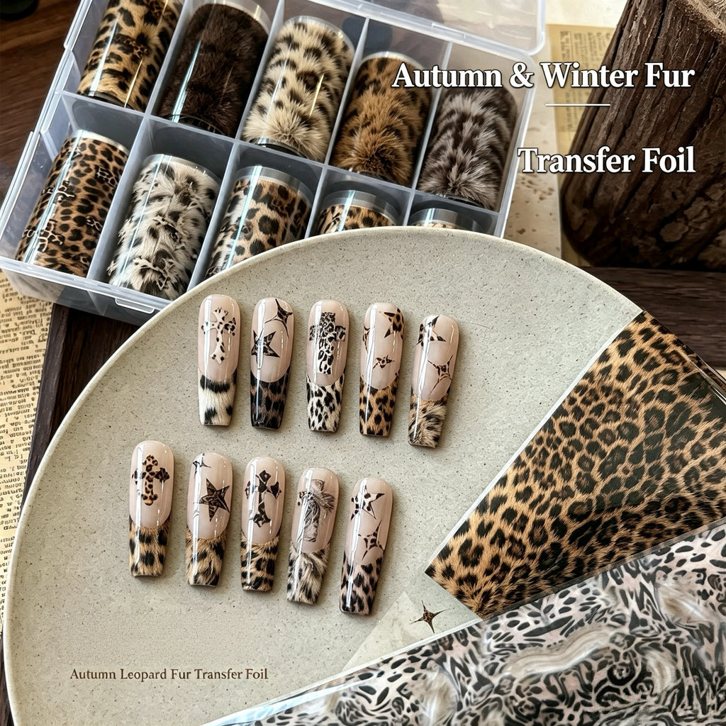Autumn Winter Fur Leopard Print Nail Transfer Foil Set, Animal Skin Nail Art Transfer Paper For Manicure