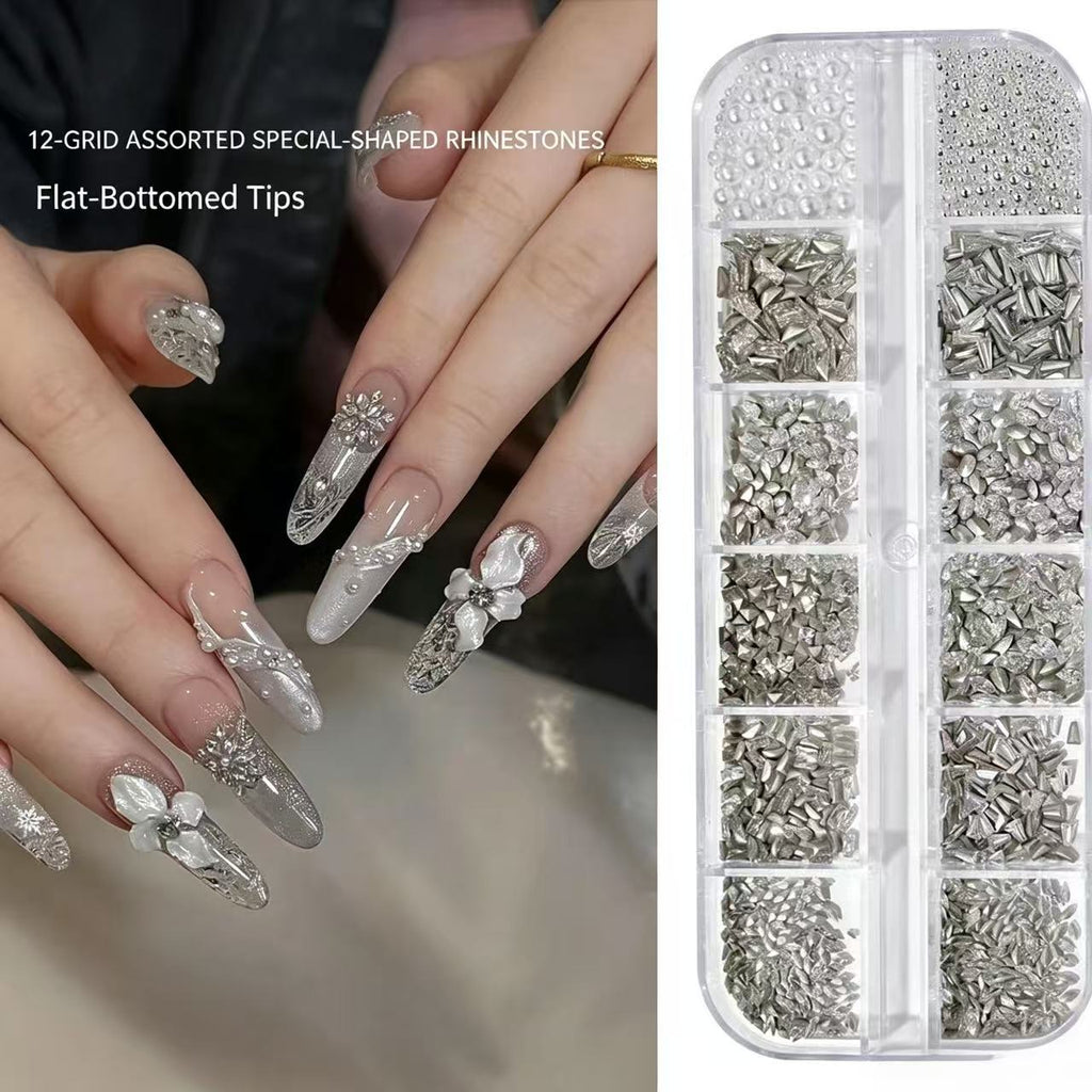 12‑Grid Nail Rhinestone Set Multi‑Shape Flat‑Bottom Silver Crystal Nail Art Charms DIY Manicure Decor