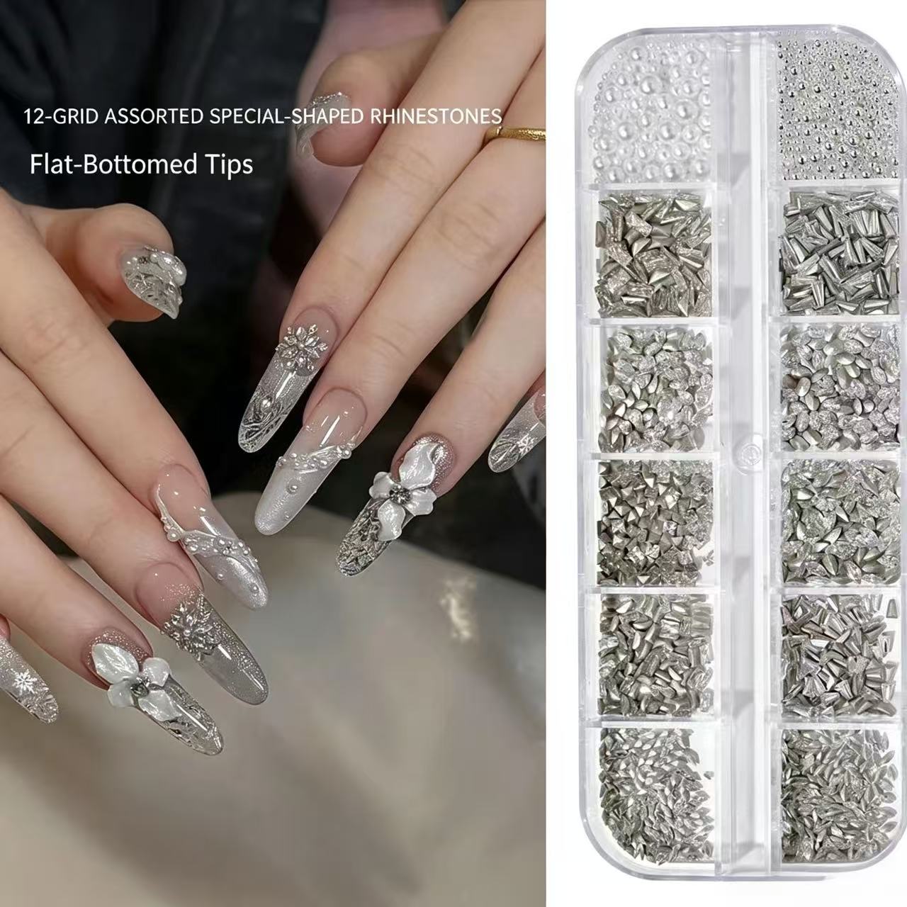 12‑Grid Nail Rhinestone Set Multi‑Shape Flat‑Bottom Silver Crystal Nail Art Charms DIY Manicure Decor