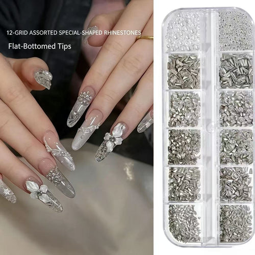 12‑Grid Nail Rhinestone Set Multi‑Shape Flat‑Bottom Silver Crystal Nail Art Charms DIY Manicure Decor