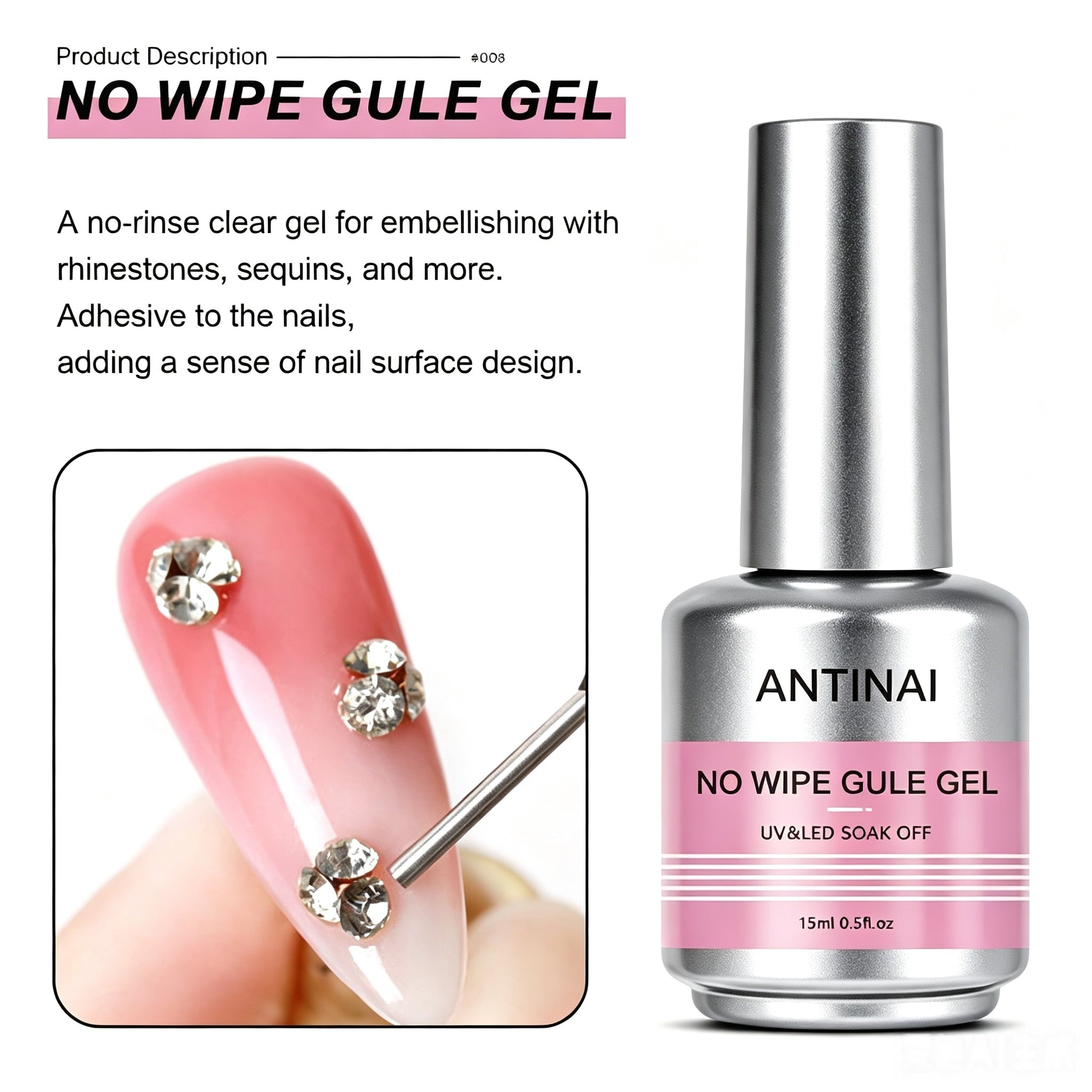 15ml ANTINAI 7‑Pcs Functional Nail Gel Kit, Rubber Base Coat, Reinforce Gel, Foil Glue Gel UV LED Soak‑Off Gel for Professional Nail Art
