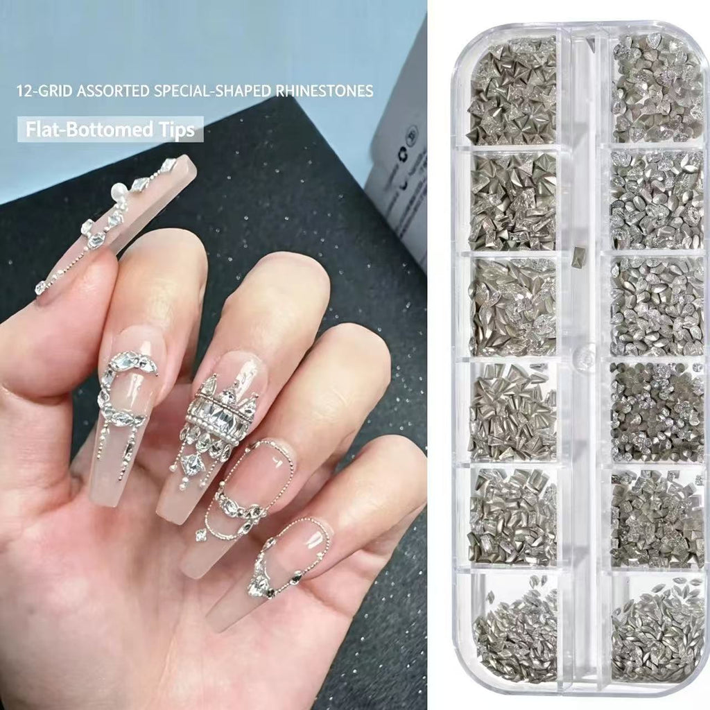 12‑Grid Nail Rhinestone Set Multi‑Shape Flat‑Bottom Silver Crystal Nail Art Charms DIY Manicure Decor