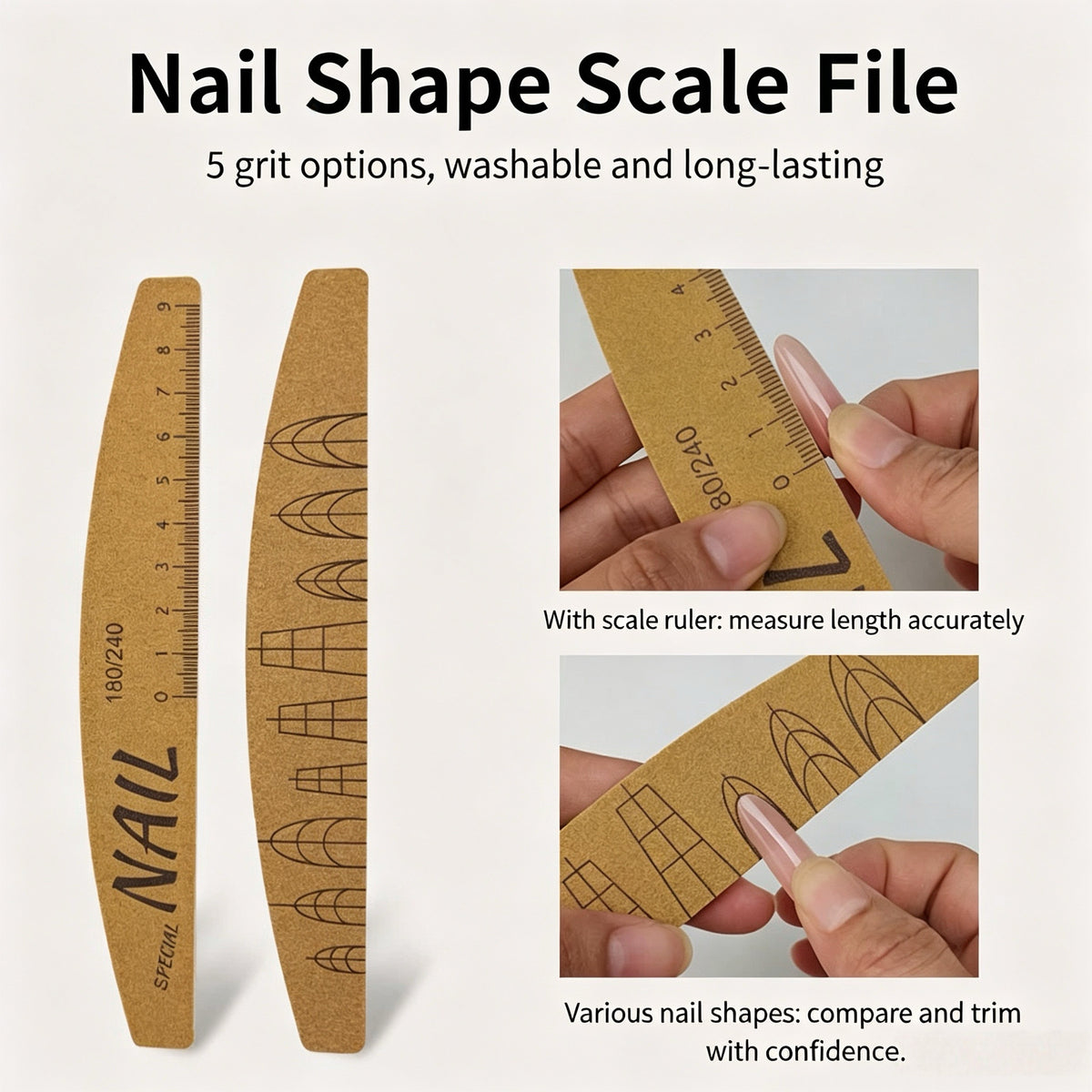 Nail Shape Scale Nail File, Double Sided Emery Board with Nail Shape Guide & Length Ruler for Salon Nail Shaping