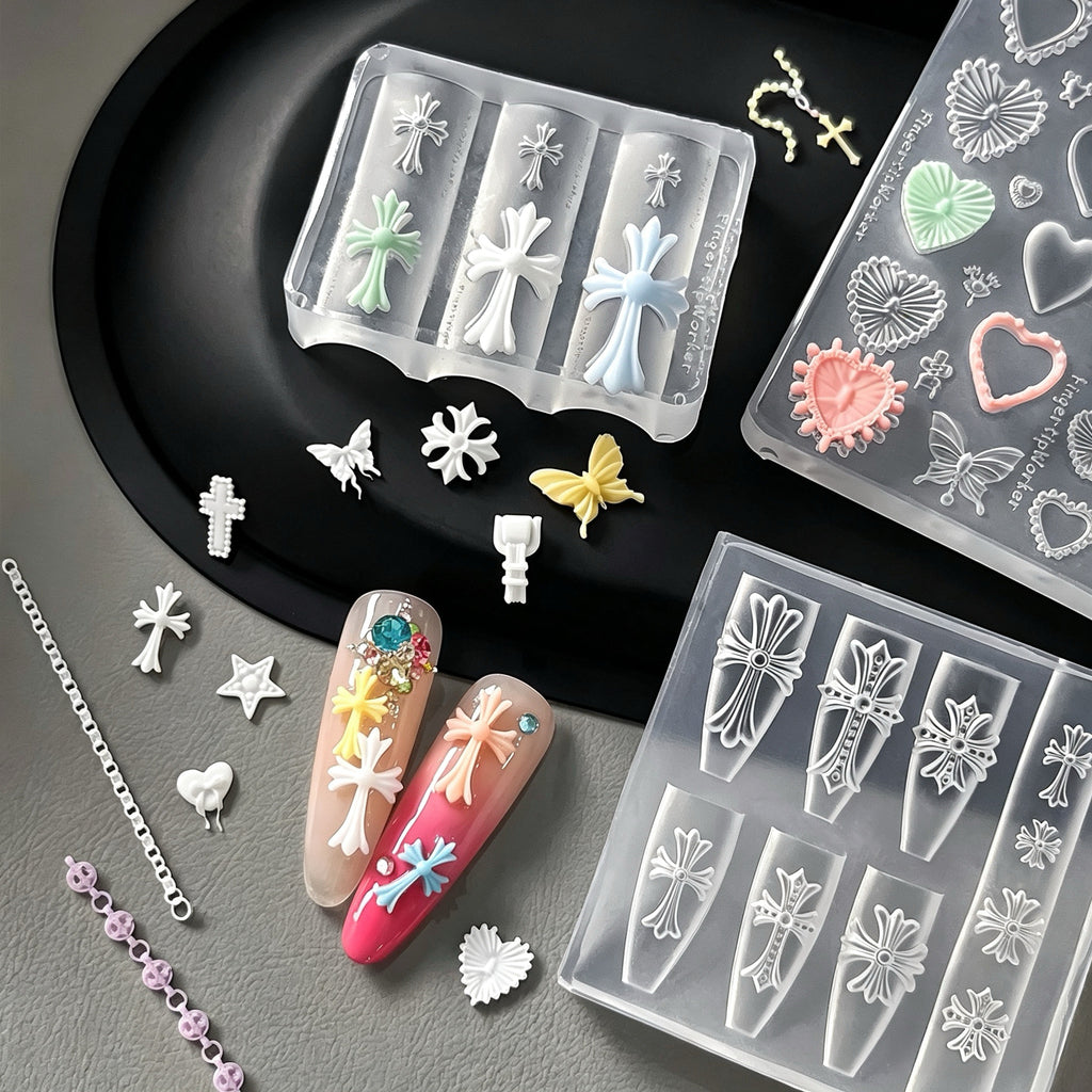 Cross & Heart Butterfly Silicone Nail Mold｜3D Relief Nail Art Mould for Relief Gel, Molding Gel