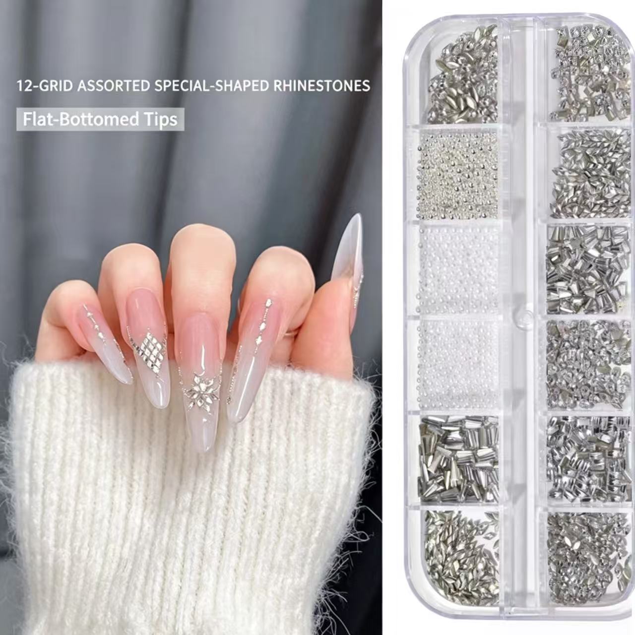 12‑Grid Nail Rhinestone Set Multi‑Shape Flat‑Bottom Silver Crystal Nail Art Charms DIY Manicure Decor