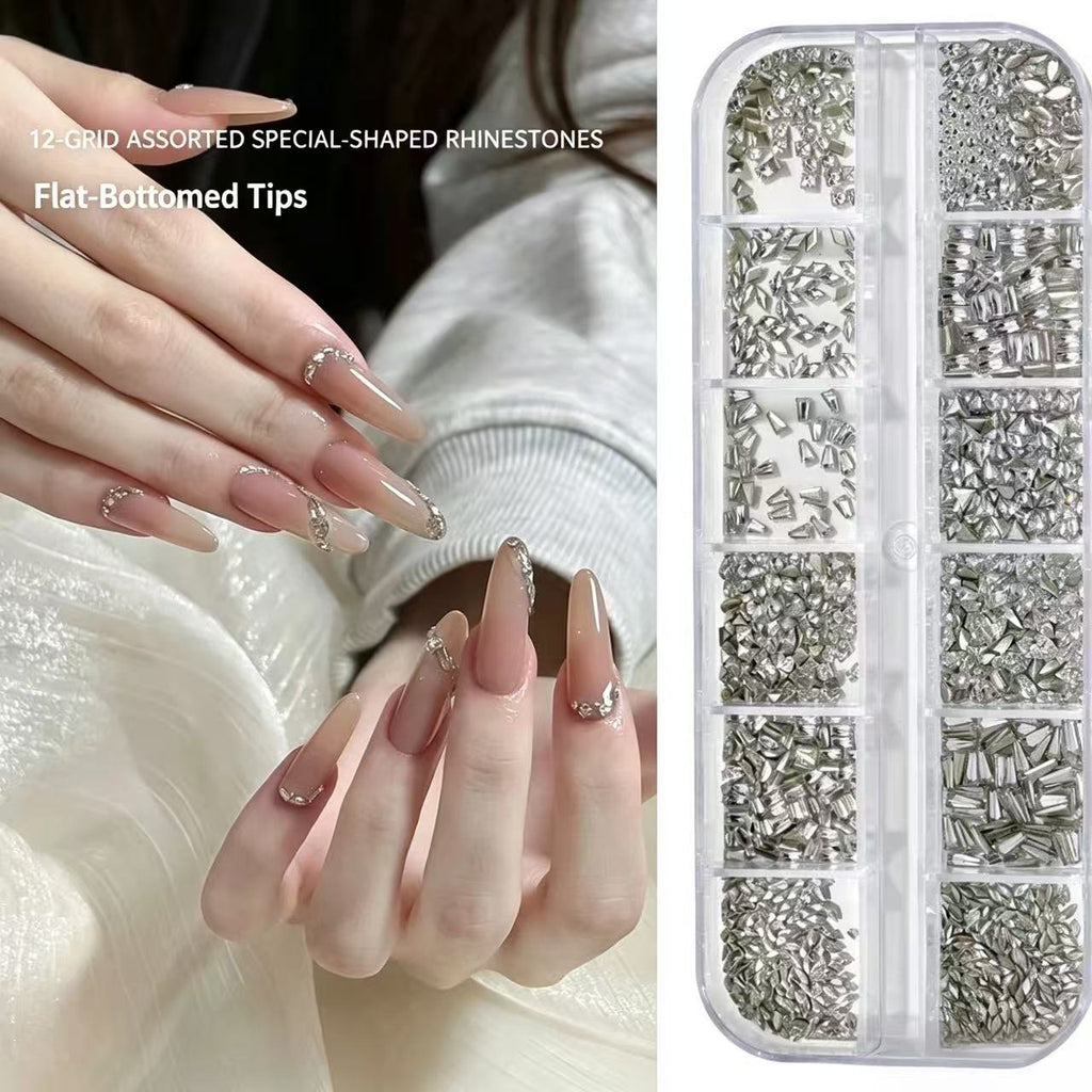 12‑Grid Nail Rhinestone Set Multi‑Shape Flat‑Bottom Silver Crystal Nail Art Charms DIY Manicure Decor