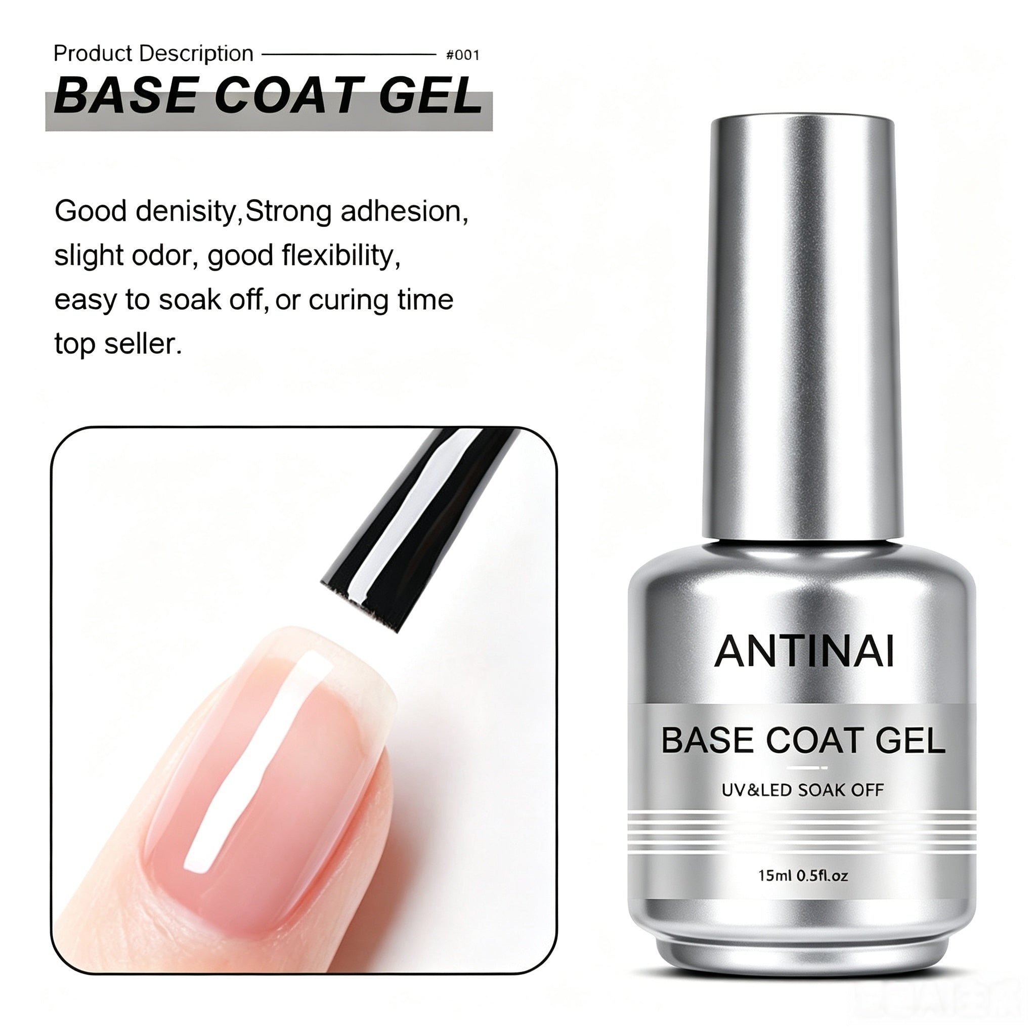 15ml ANTINAI 7‑Pcs Functional Nail Gel Kit, Rubber Base Coat, Reinforce Gel, Foil Glue Gel UV LED Soak‑Off Gel for Professional Nail Art
