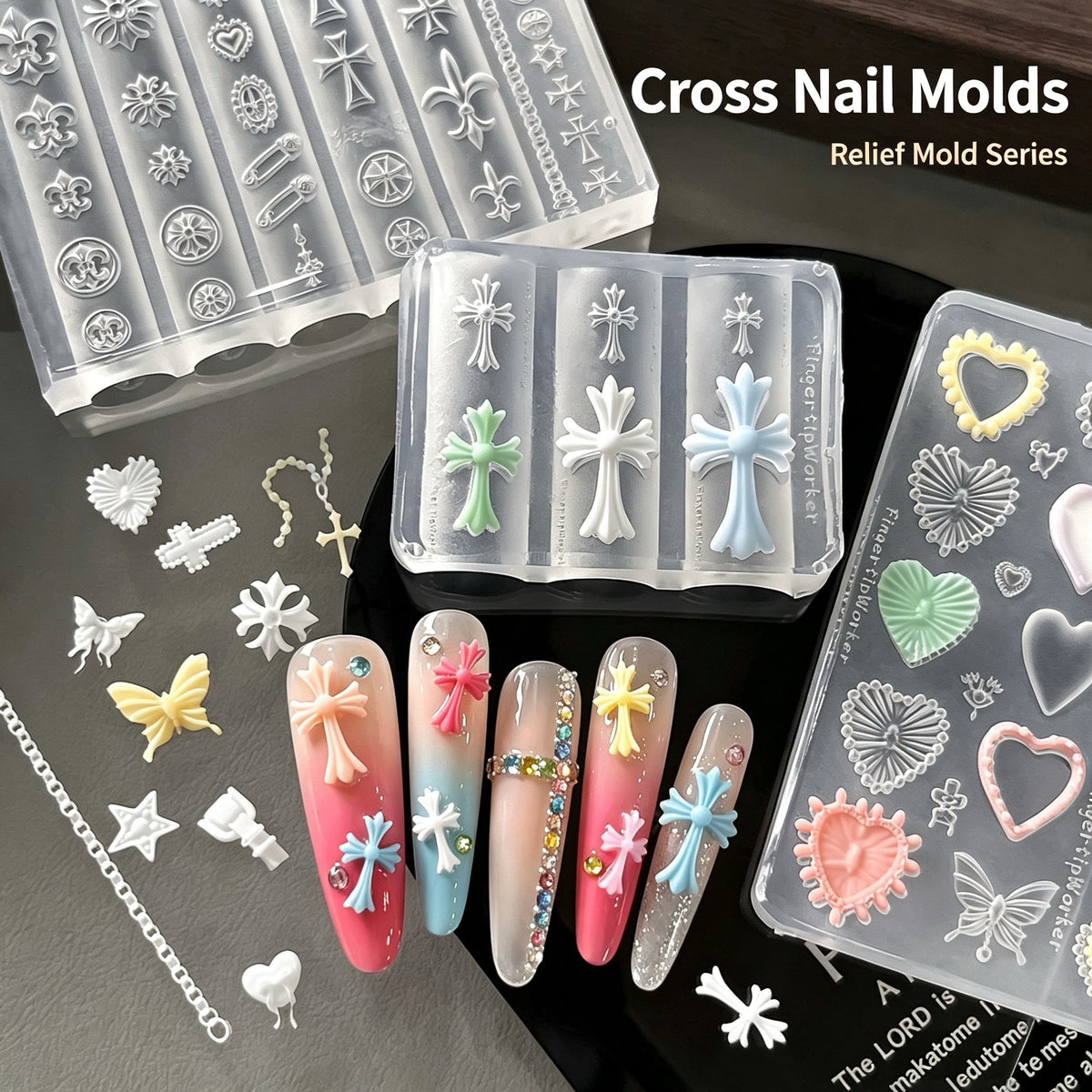 Cross & Heart Butterfly Silicone Nail Mold｜3D Relief Nail Art Mould for Relief Gel, Molding Gel