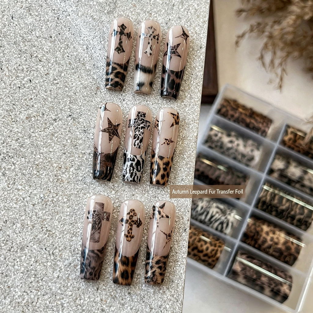 Autumn Winter Fur Leopard Print Nail Transfer Foil Set, Animal Skin Nail Art Transfer Paper For Manicure